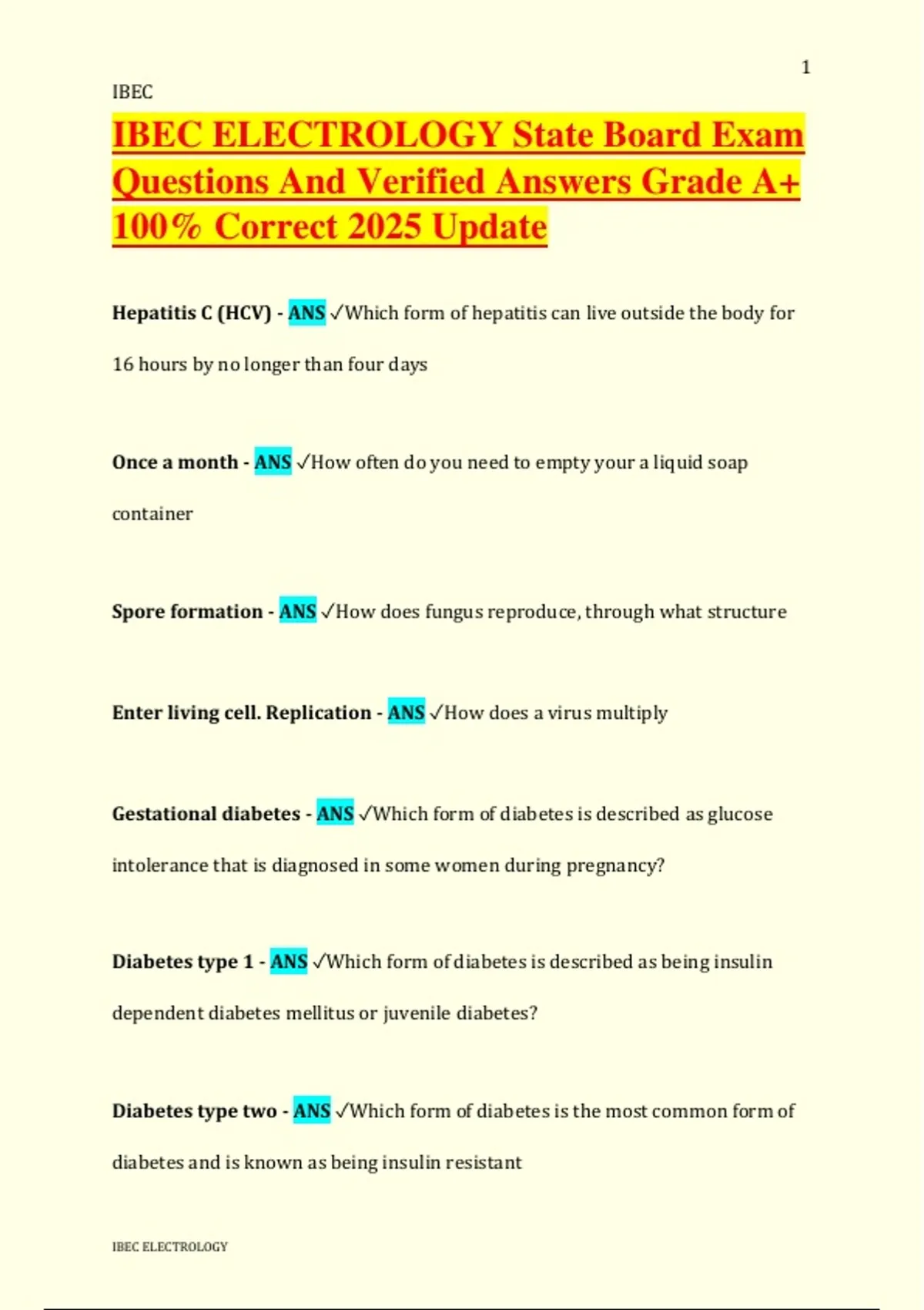 IBEC ELECTROLOGY State Board Exam Questions And Verified Answers Grade ...