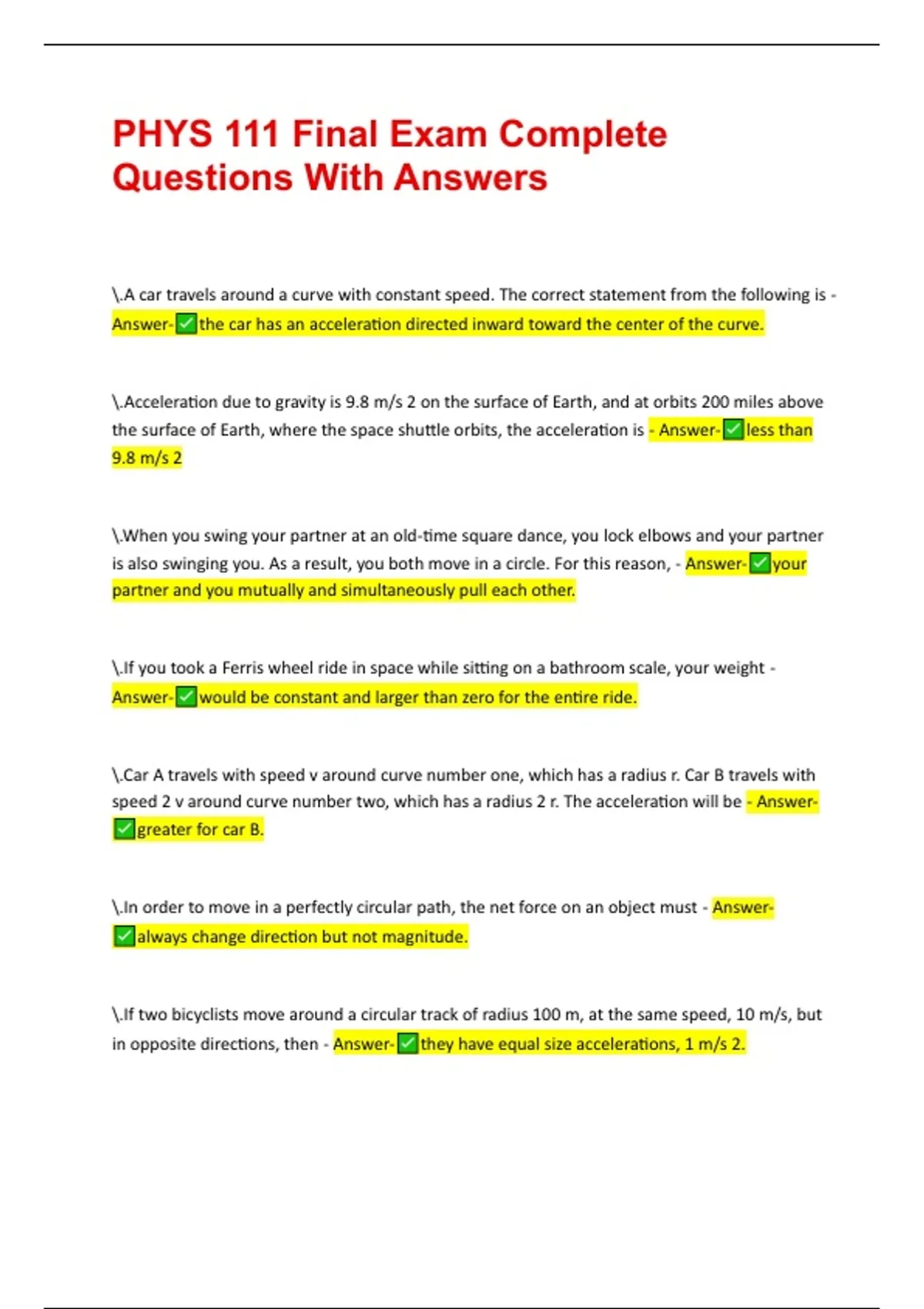 PHYS 111 Final Exam Complete Questions With Answers || 100% pass - PHYS ...
