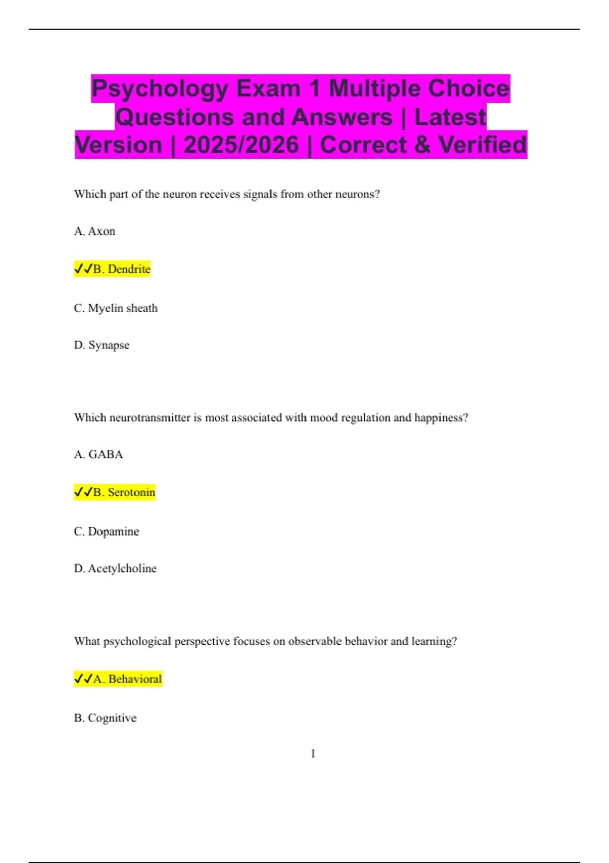 Psychology Exam 1 Multiple Choice Questions and Answers | Latest ...