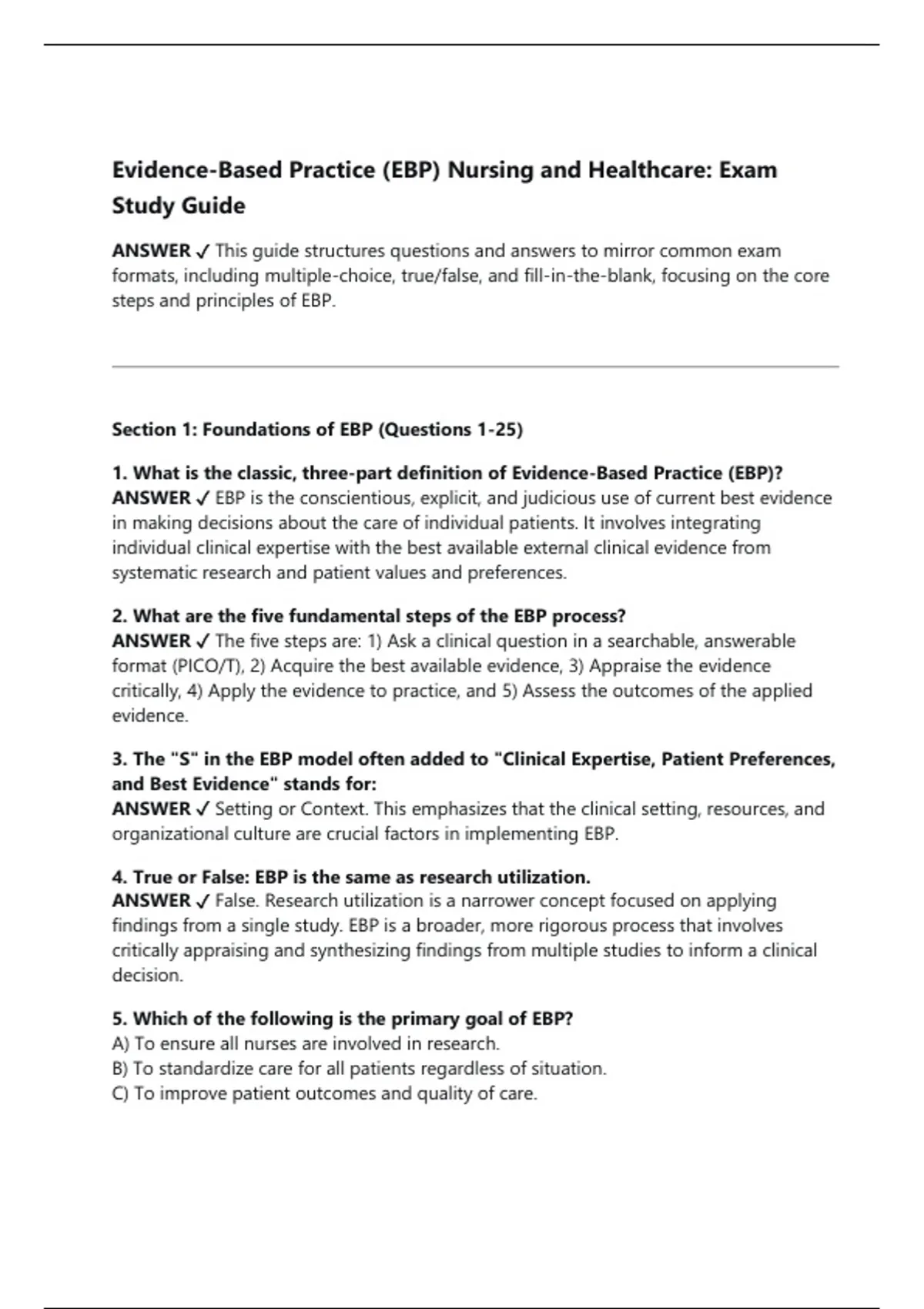 Evidence-Based Practice (EBP) Nursing and Healthcare: Exam Study Guide ...