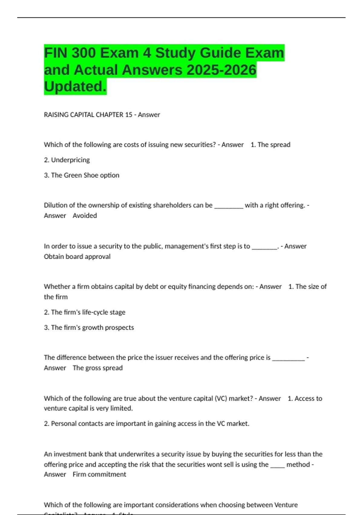FIN 300 Exam 4 Study Guide Exam and Actual Answers Updated. - FIN 300 ...
