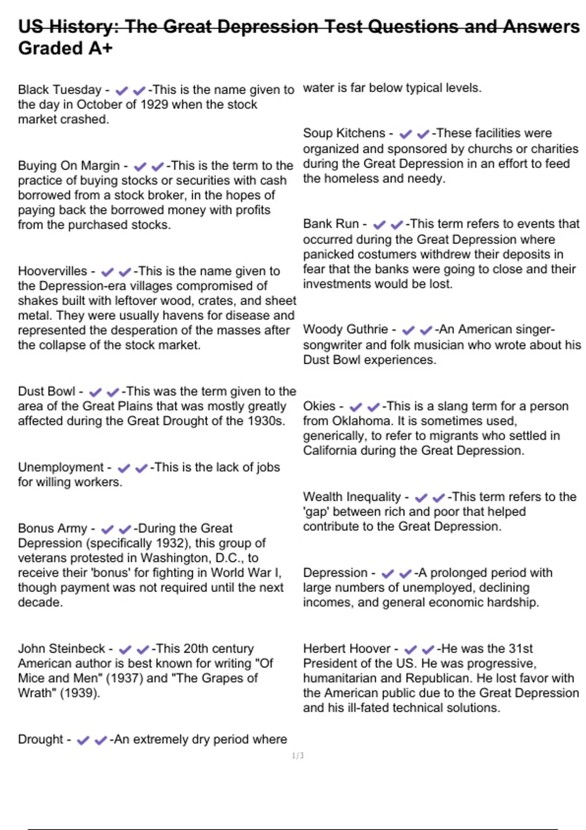 US History: The Great Depression Test Questions and Answers Graded A+ ...