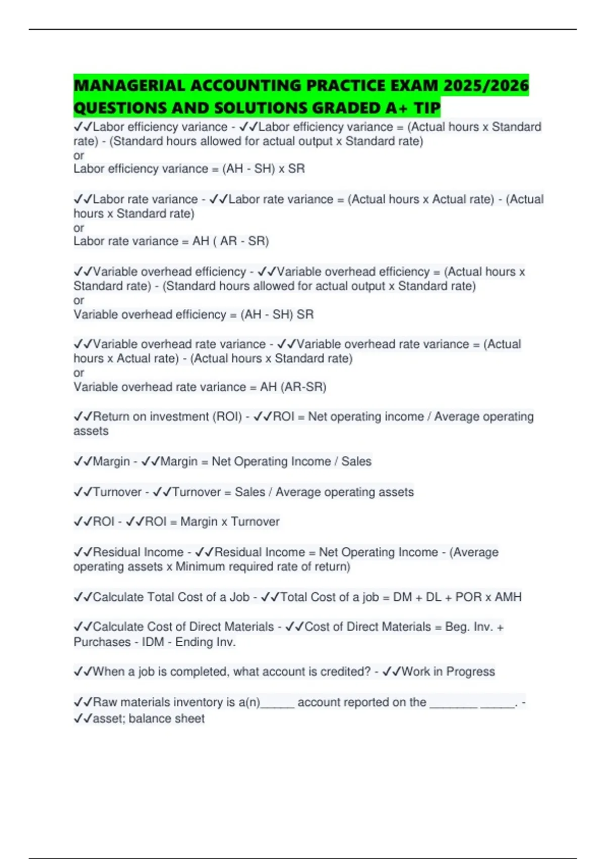 MANAGERIAL ACCOUNTING PRACTICE EXAM 2025/2026 QUESTIONS AND SOLUTIONS ...