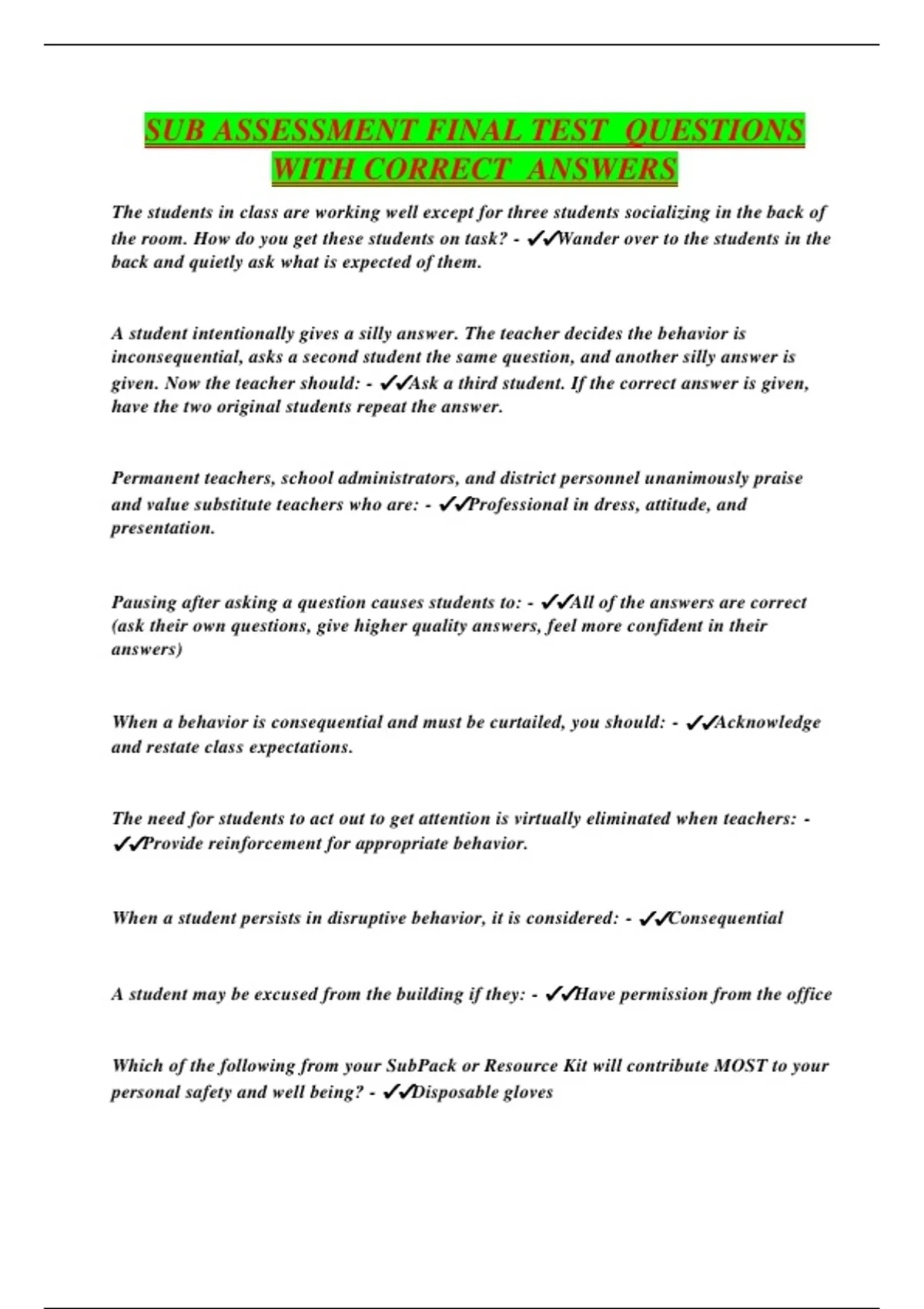 SUB ASSESSMENT FINAL TEST QUESTIONS WITH CORRECT ANSWERS - STEDI ...