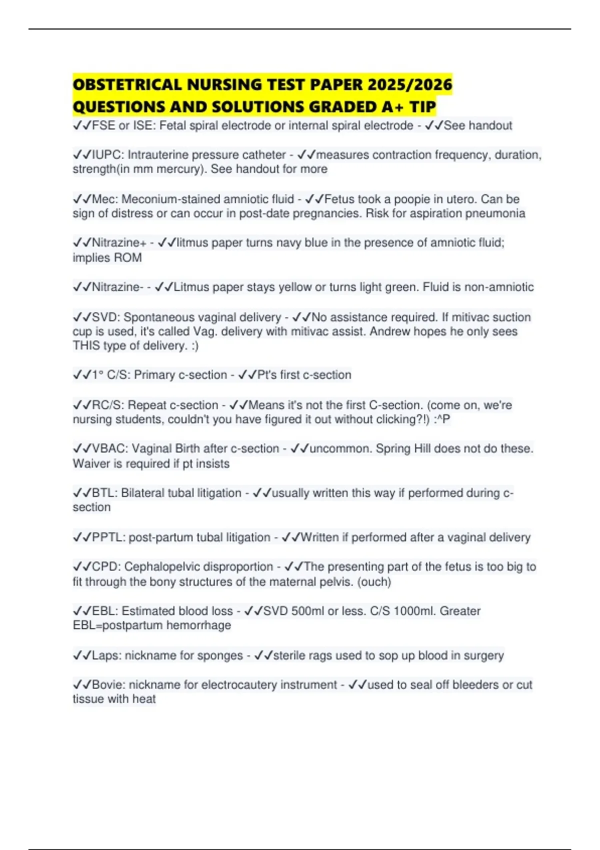 OBSTETRICAL NURSING TEST PAPER 2025/2026 QUESTIONS AND SOLUTIONS GRADED ...