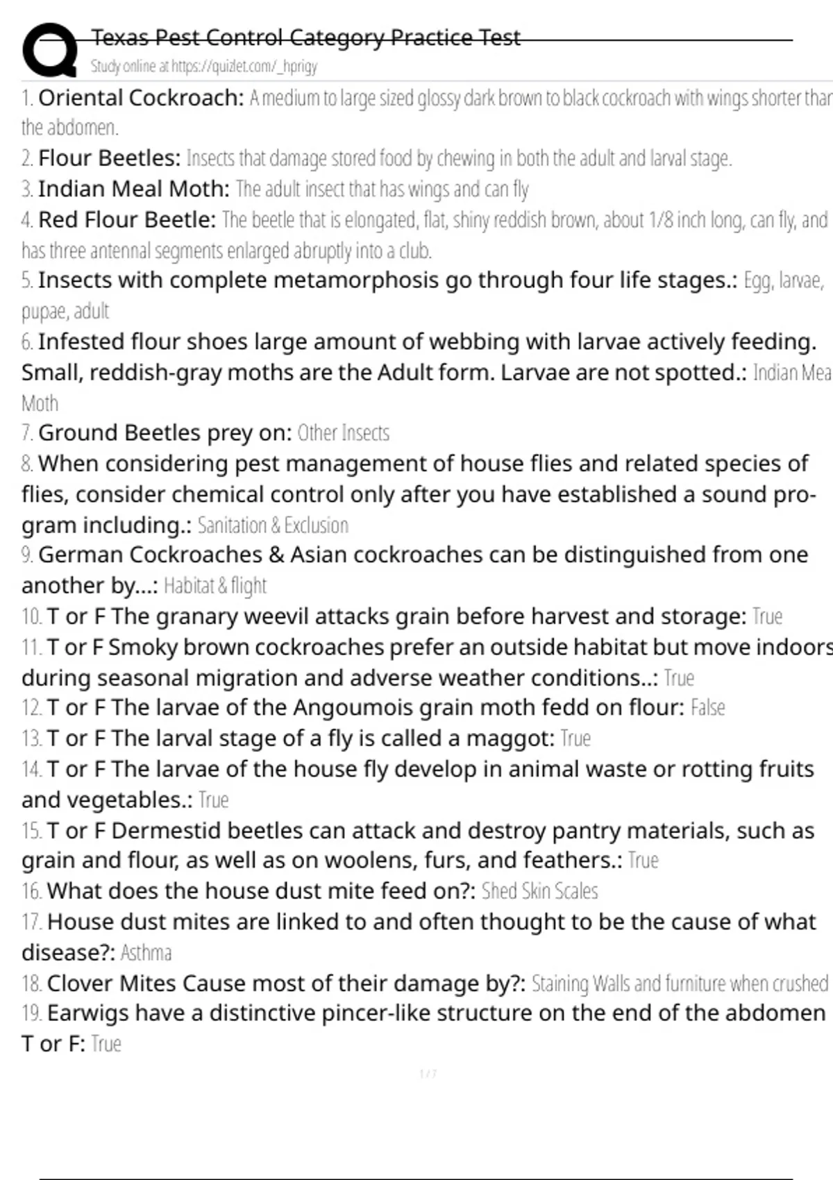 Texas Pest Control Category Practice Test Exam Questions and Answers ...