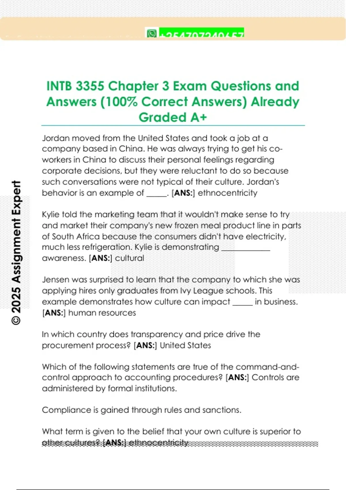 INTB 3355 Chapter 3 Exam Questions and Answers (100% Correct Answers ...