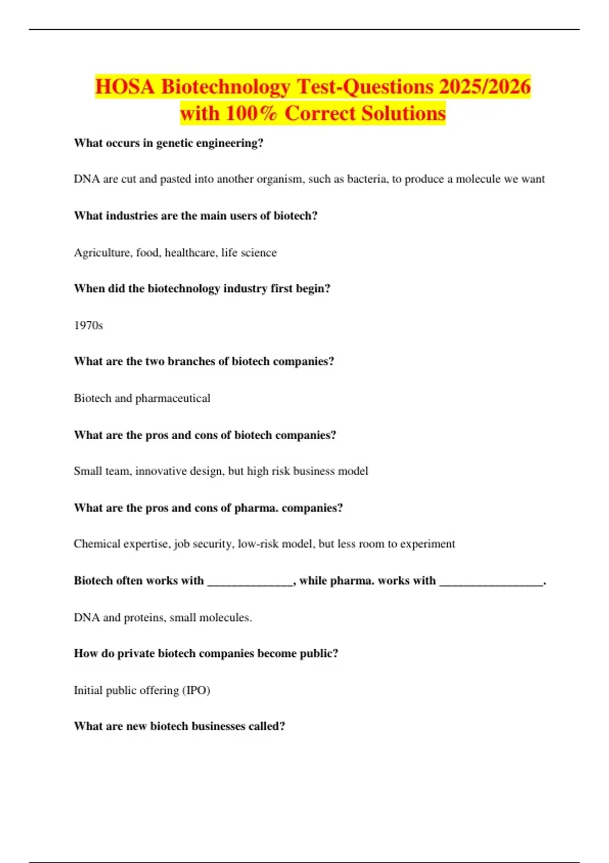 HOSA Biotechnology TestQuestions 2025/2026 with 100 Correct Solutions