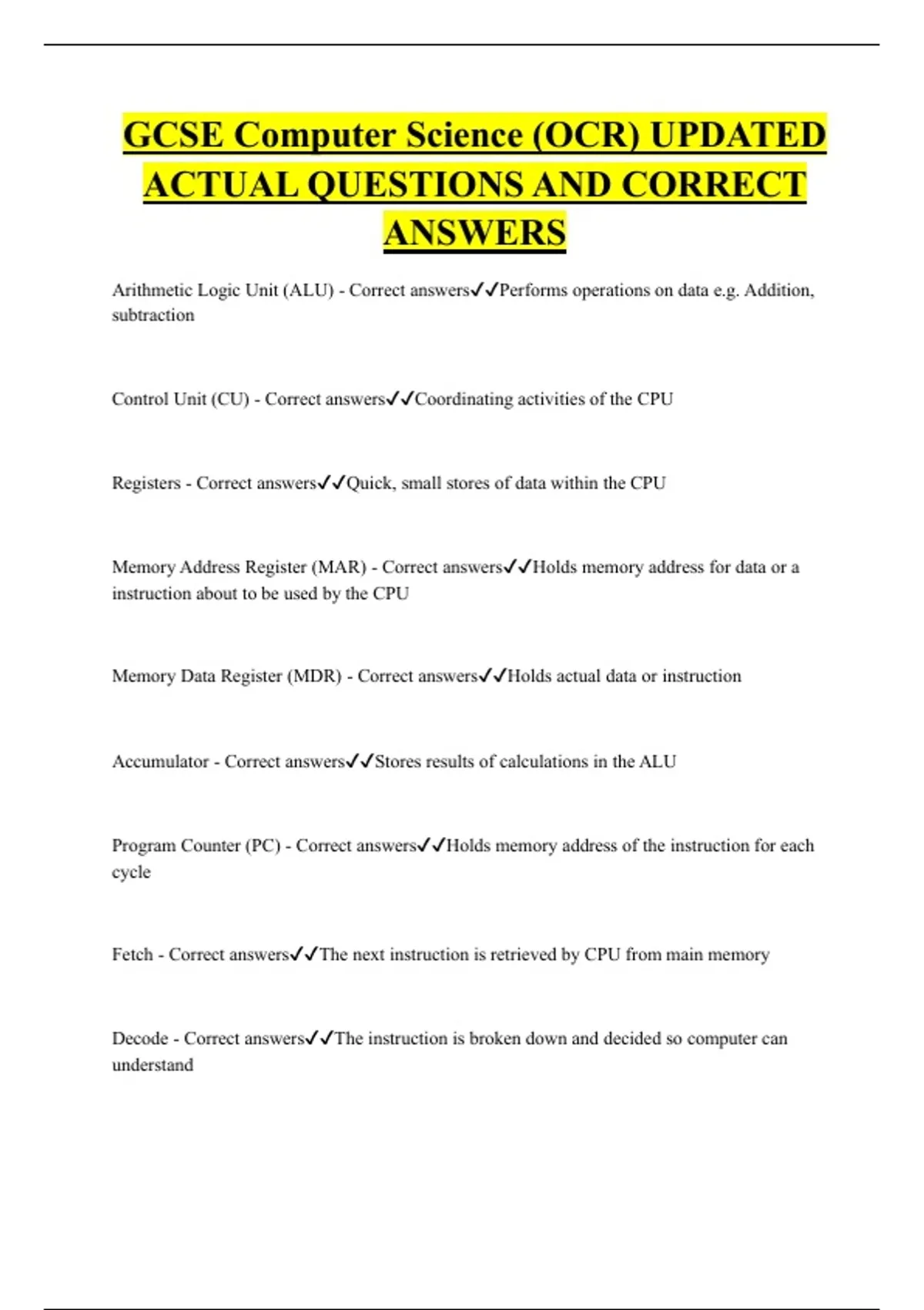 GCSE Computer Science (OCR) UPDATED ACTUAL QUESTIONS AND CORRECT ...