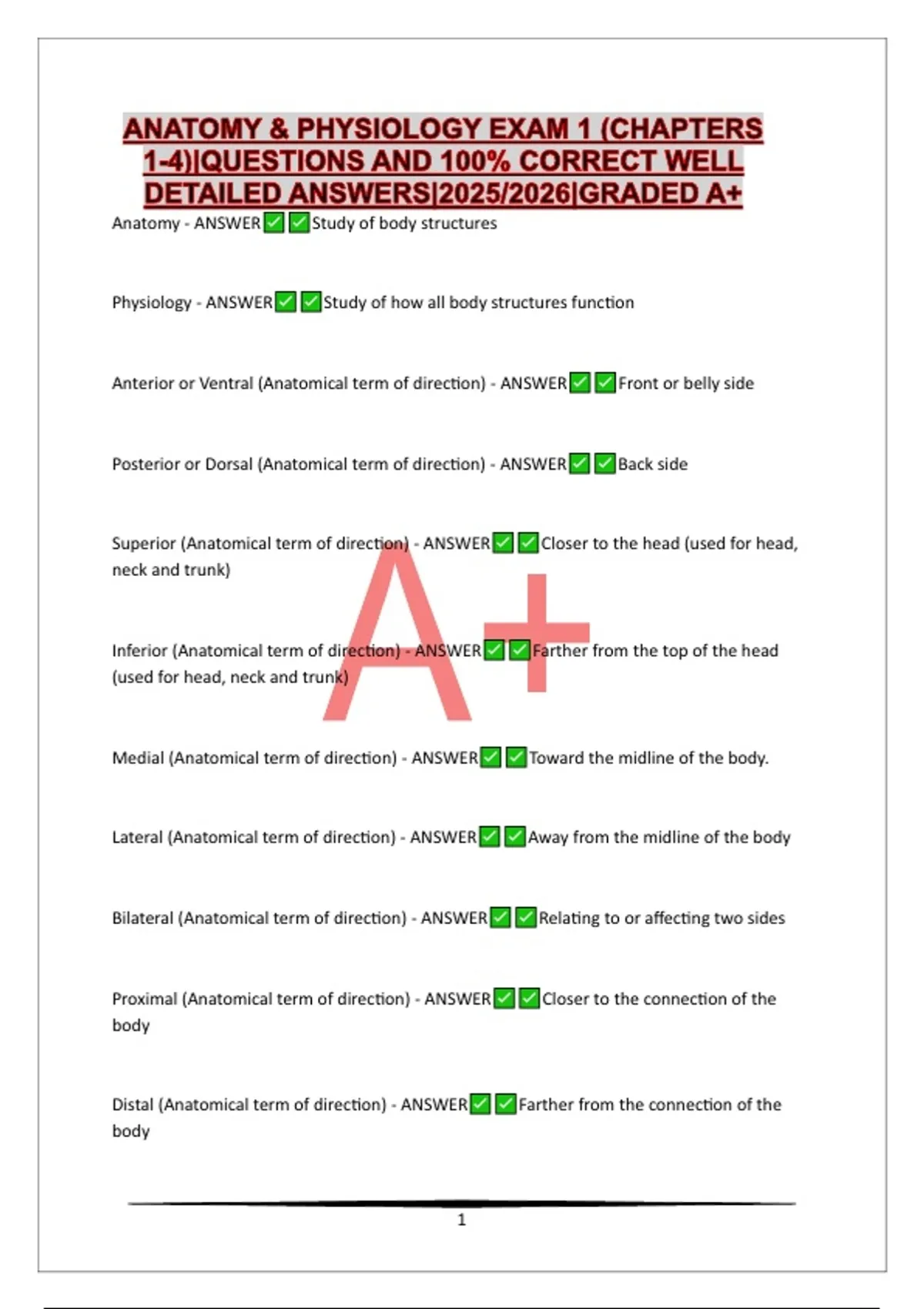 ANATOMY & PHYSIOLOGY EXAM 1 (CHAPTERS 1-4)|QUESTIONS AND 100% CORRECT ...