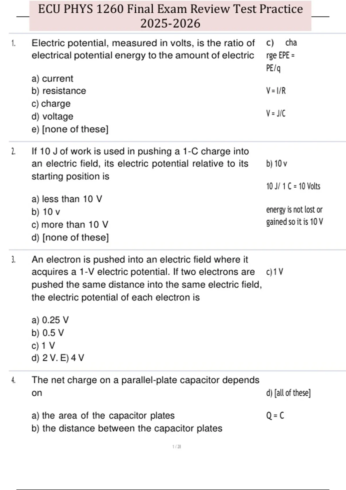 ECU PHYS 1260 Final Exam Review Test Practice - ECU PHYS 1260 - Stuvia US