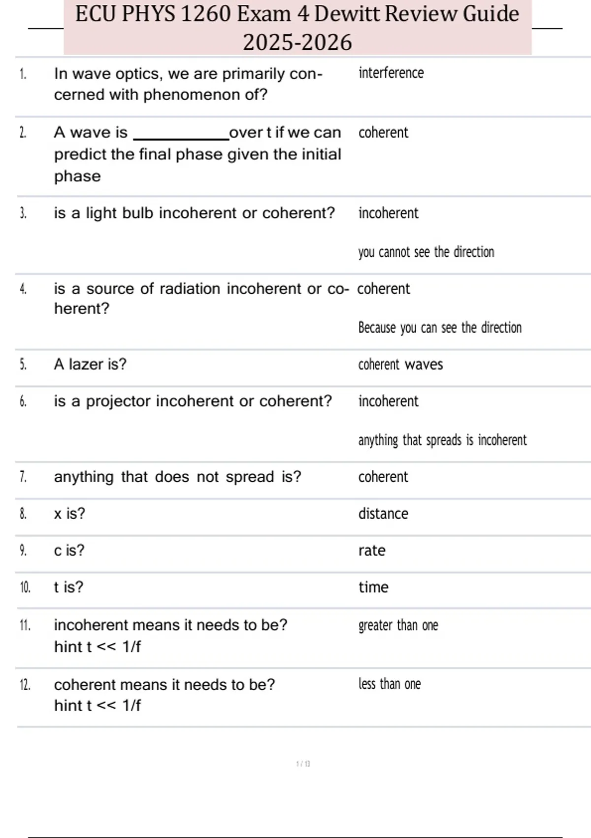 ECU PHYS 1260 Exam 4 Dewitt Review Guide - ECU PHYS 1260 - Stuvia US