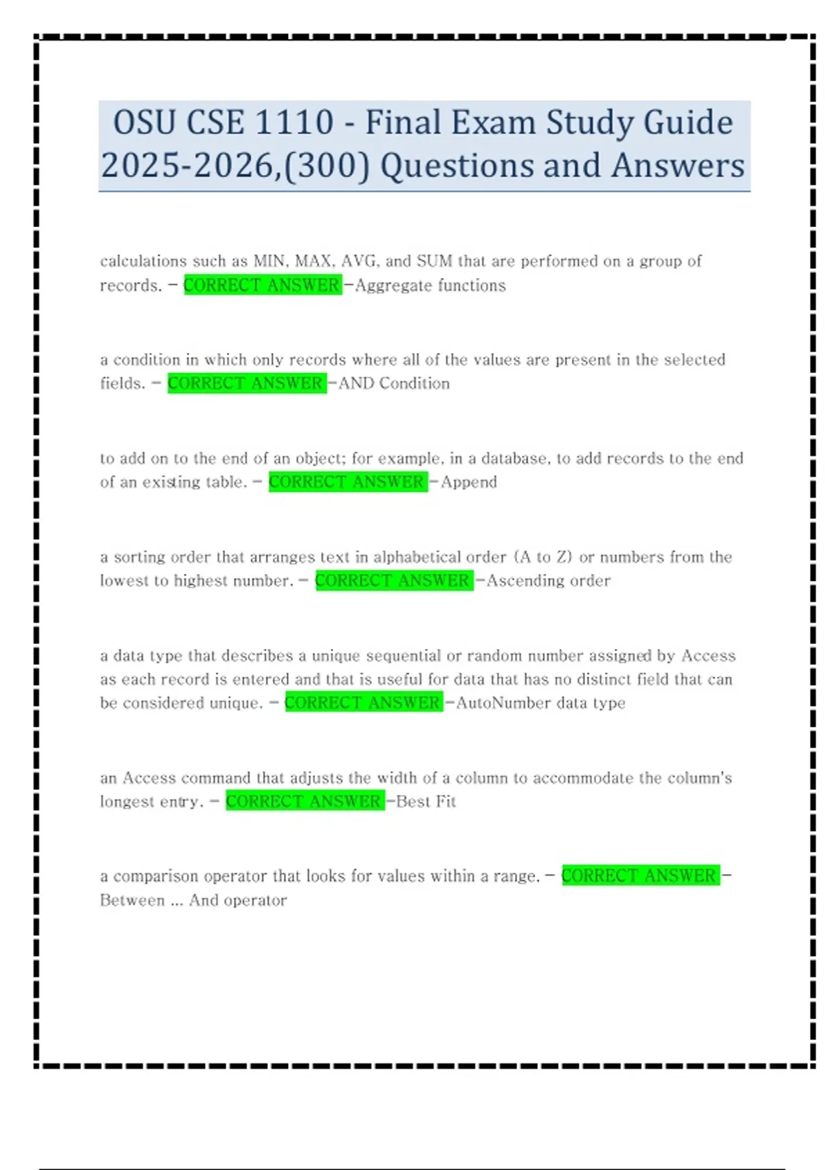 OSU CSE 1110 - Final Exam Study Guide ,(300) Questions and Answers ...