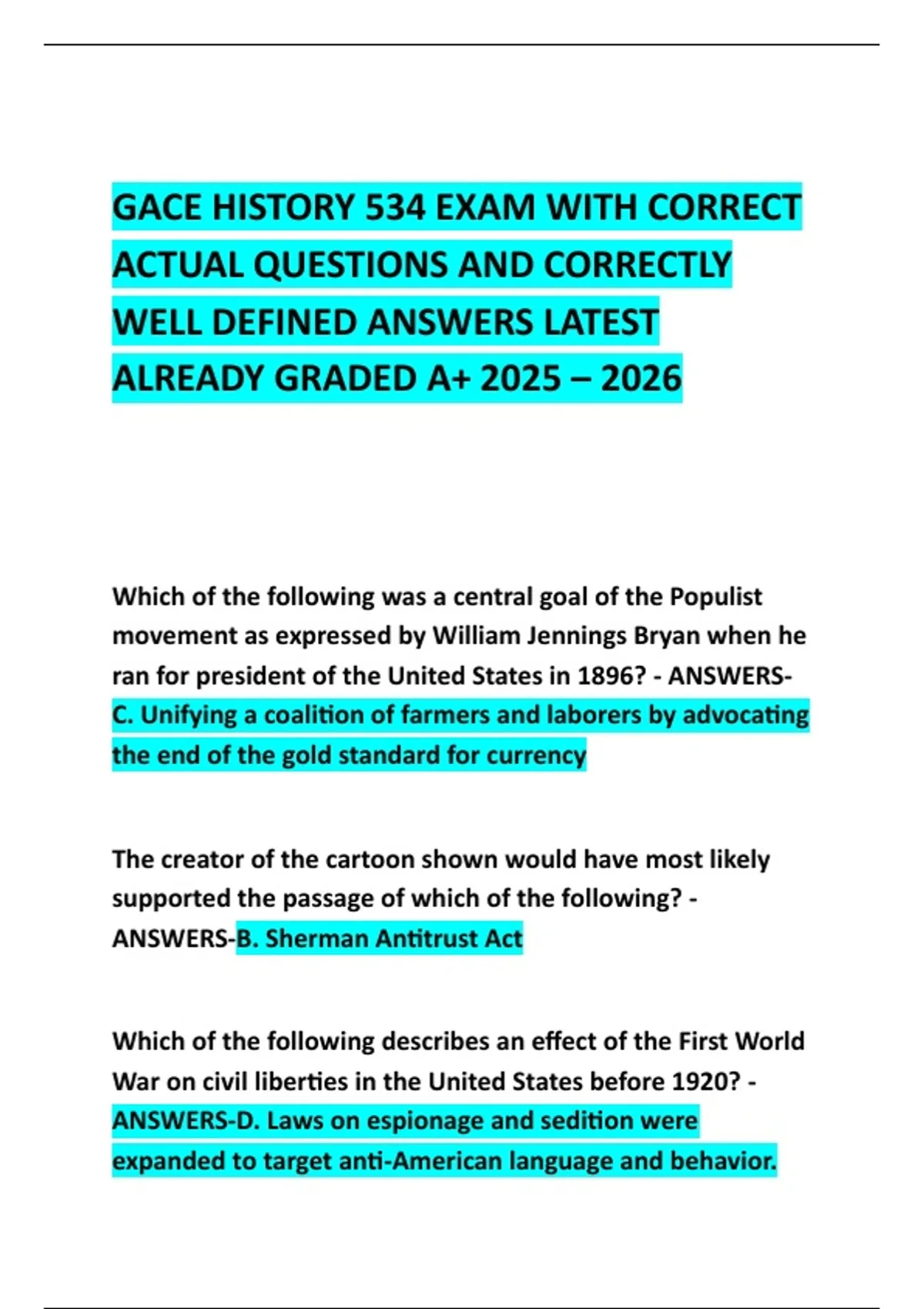 GACE HISTORY 534 EXAM WITH CORRECT ACTUAL QUESTIONS AND CORRECTLY WELL ...