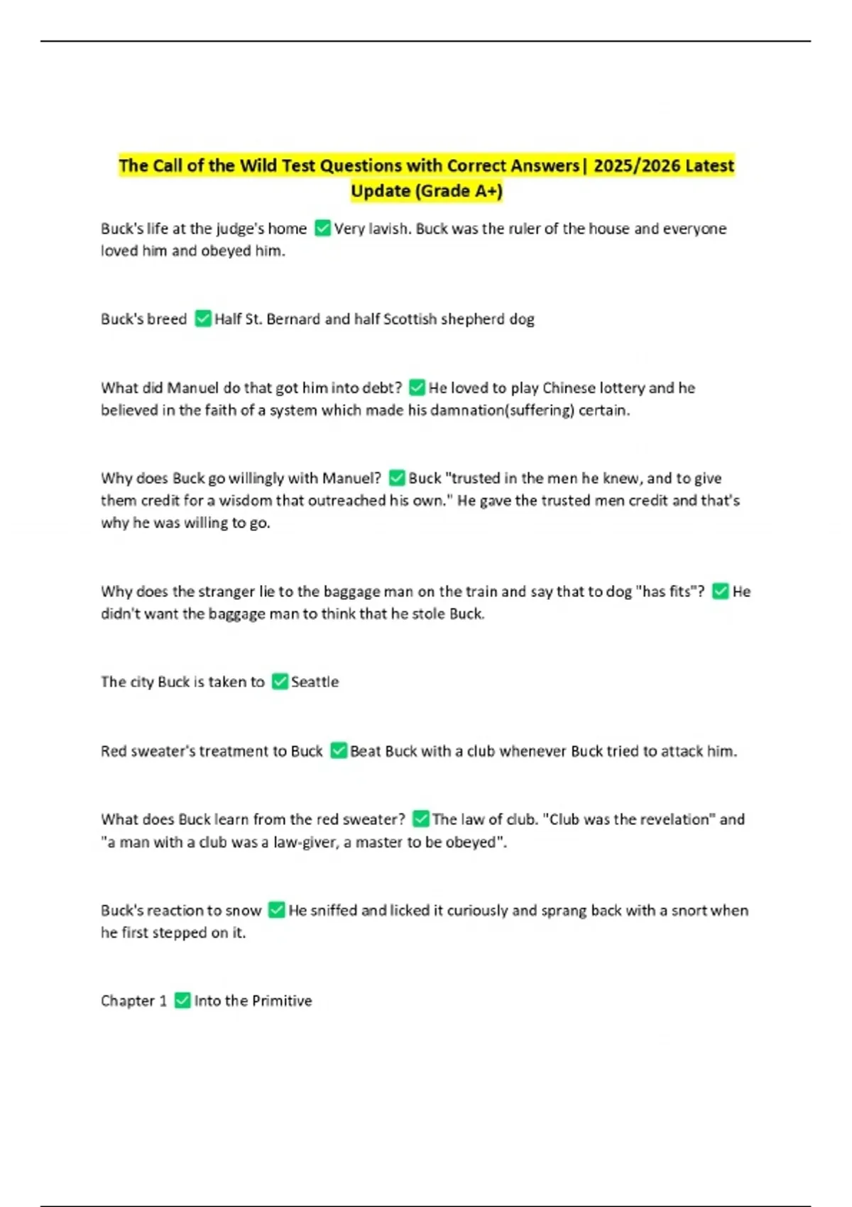 The Call of the Wild Test Questions with Correct Answers| 2025/2026 ...