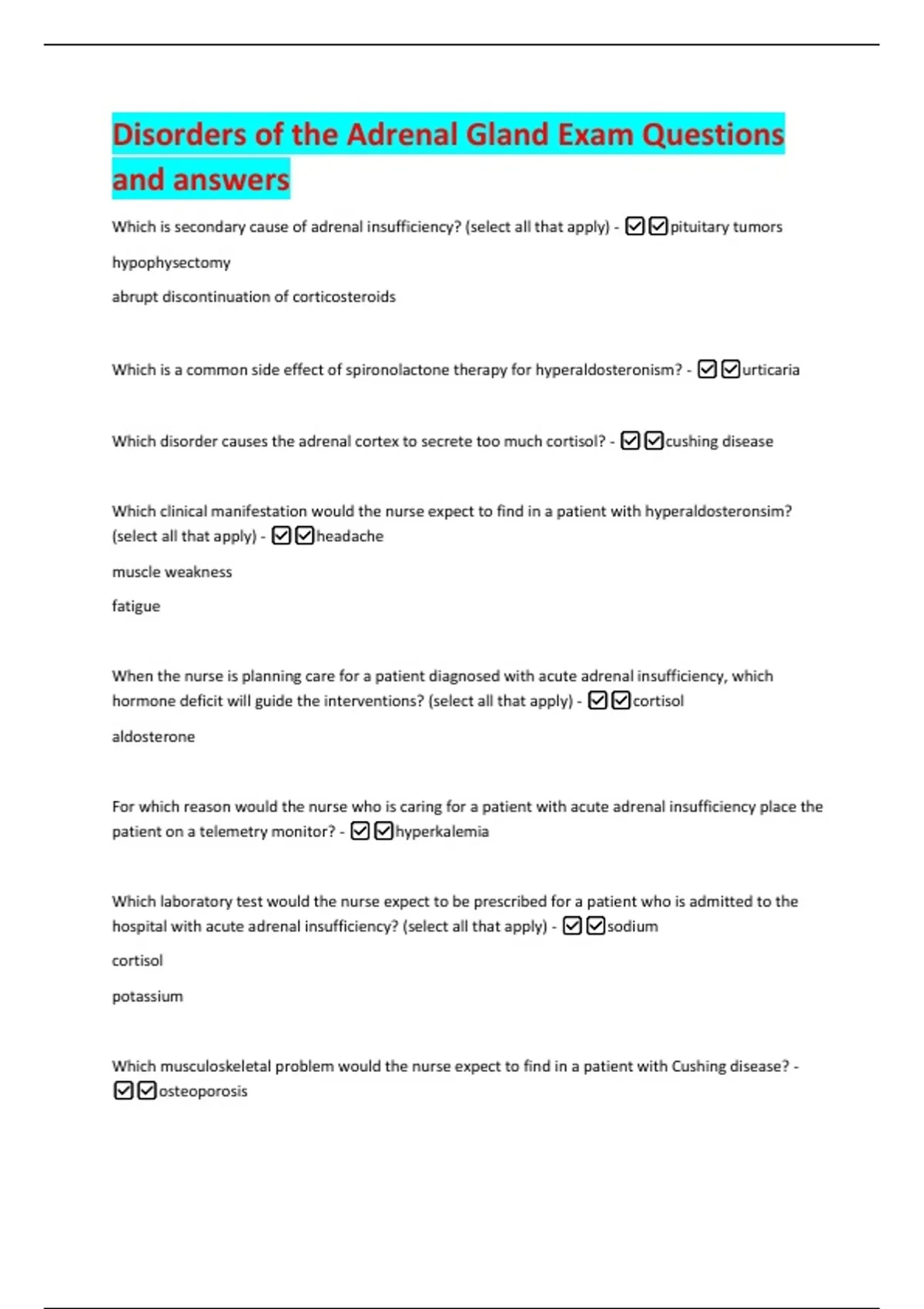 Disorders of the Adrenal Gland Exam Questions and answers - Adrenal ...