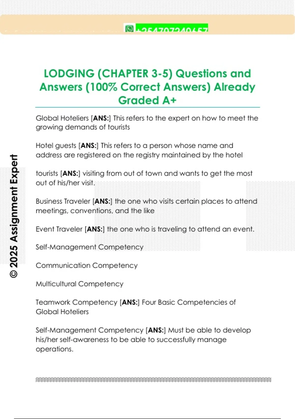 LODGING (CHAPTER 3-5) Questions and Answers (100% Correct Answers ...