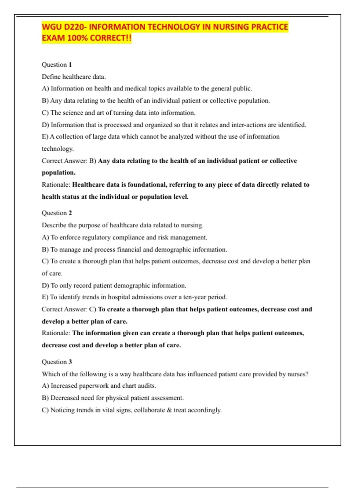 WGU D220- INFORMATION TECHNOLOGY IN NURSING PRACTICE EXAM 100% CORRECT ...
