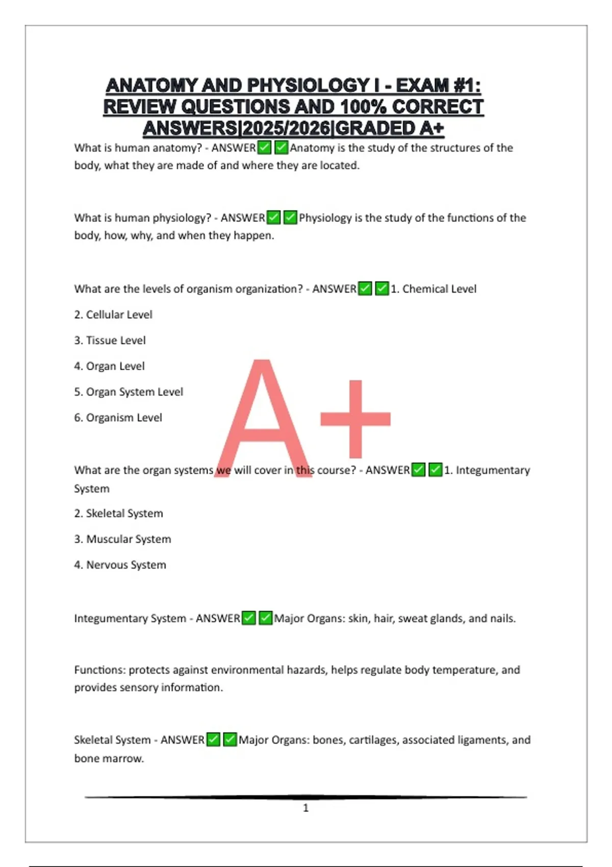 ANATOMY AND PHYSIOLOGY I - EXAM #1: REVIEW QUESTIONS AND 100% CORRECT ...