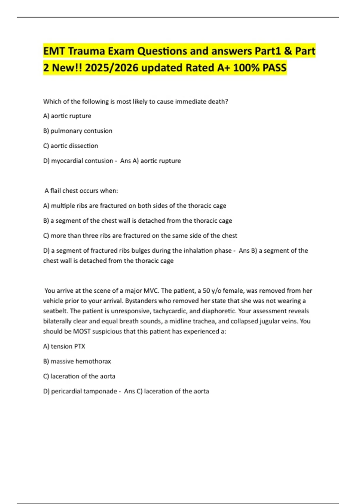 EMT Trauma Exam Questions and answers Part1 & Part 2 New!! 2025/2026 ...