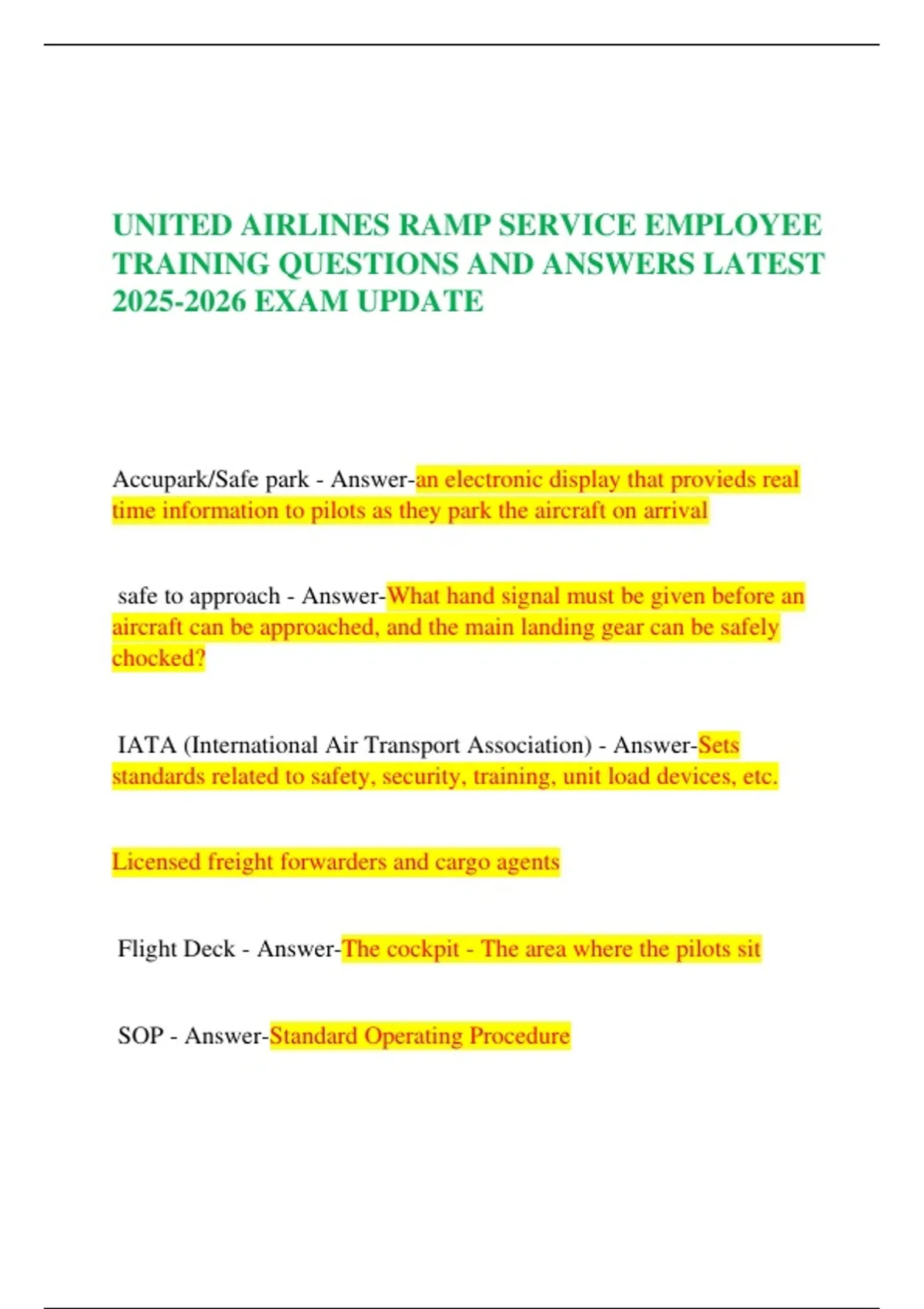 UNITED AIRLINES RAMP SERVICE EMPLOYEE TRAINING QUESTIONS AND ANSWERS ...