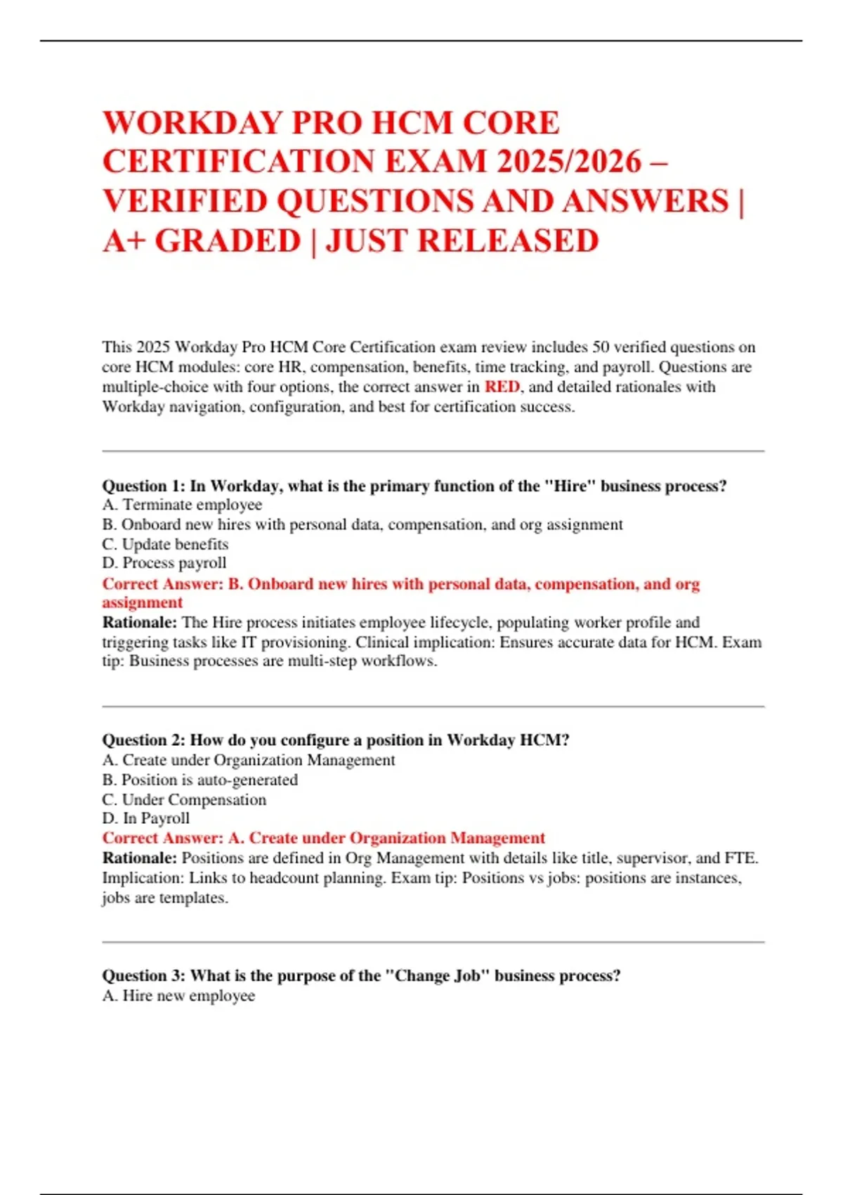Workday Faq WORKDAY PRO HCM CORE CERTIFICATION EXAM 2025/2026 – VERIFIED QUESTIONS ...