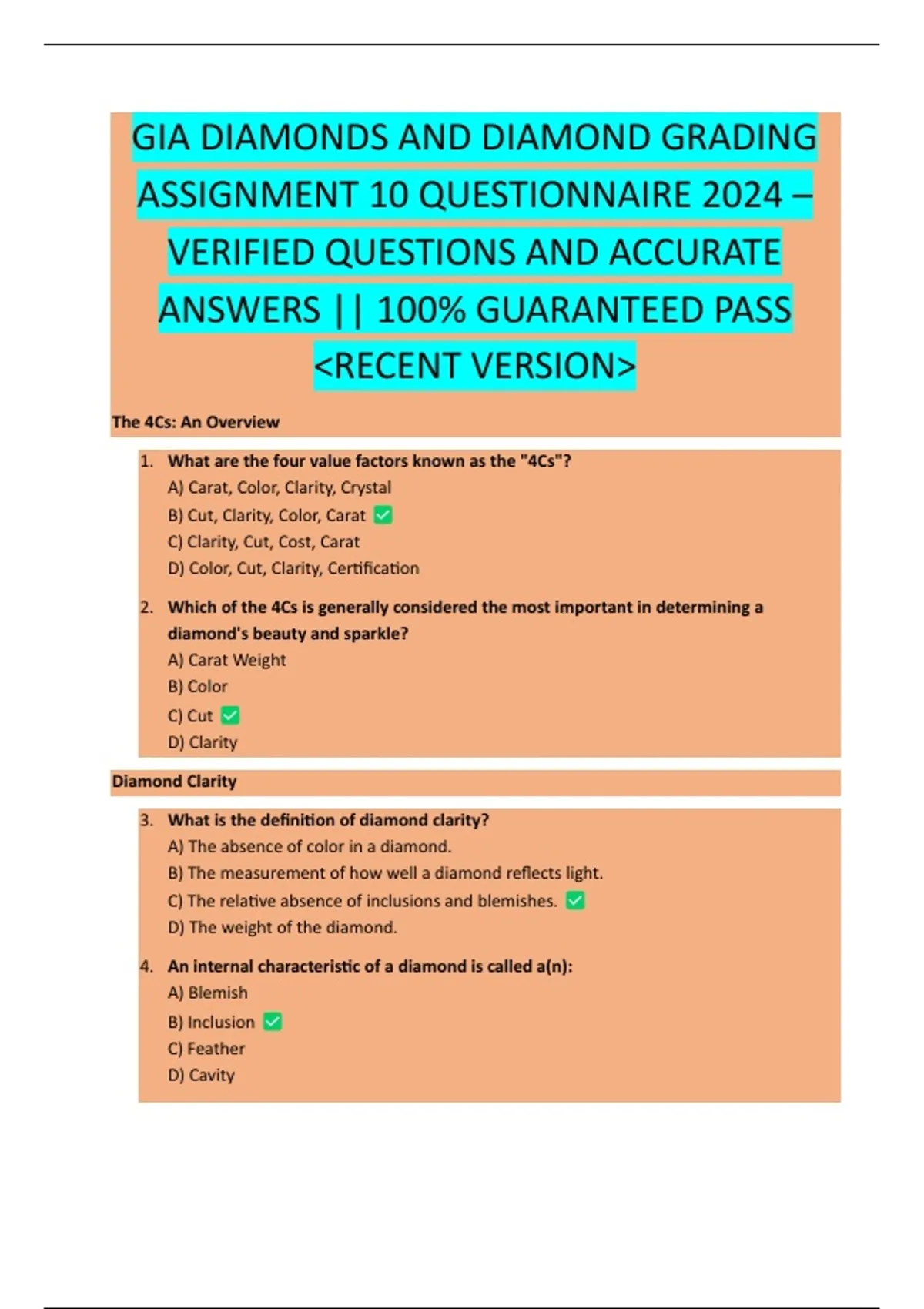 GIA DIAMONDS AND DIAMOND GRADING ASSIGNMENT 10 QUESTIONNAIRE 2024 ...