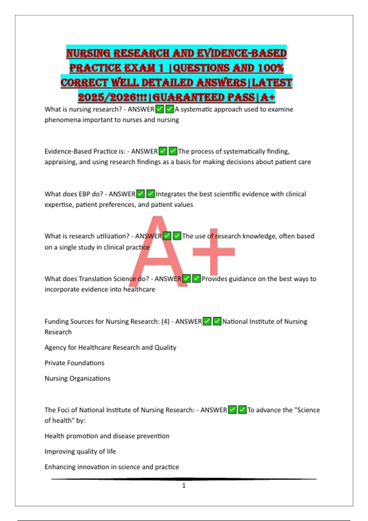 NURSING RESEARCH AND EVIDENCE-BASED PRACTICE EXAM 1 |QUESTIONS AND 100% ...
