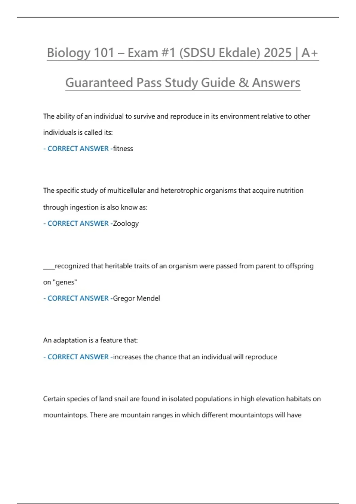 Biology 101 – Exam #1 (SDSU Ekdale) 2025 | A+ Guaranteed Study Guide ...