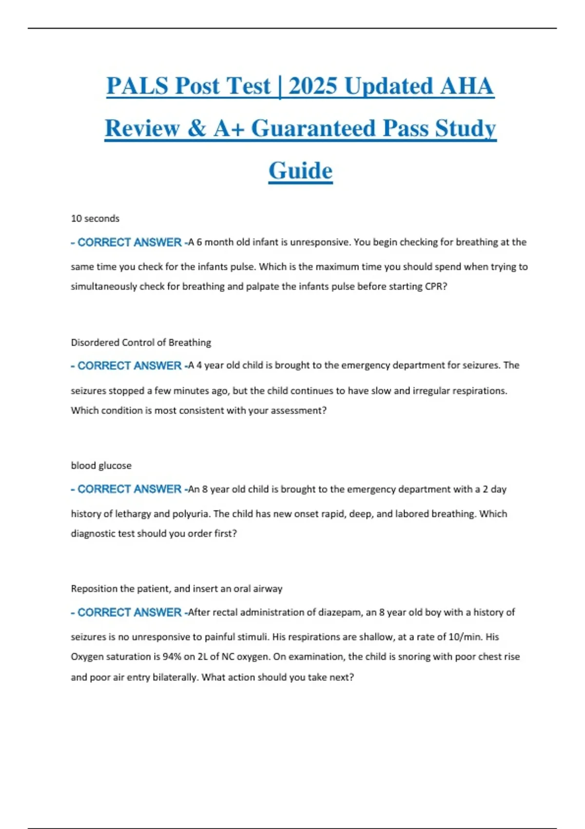 PALS Post Test 2025 | Updated AHA Review & A+ Guaranteed Pass Study ...