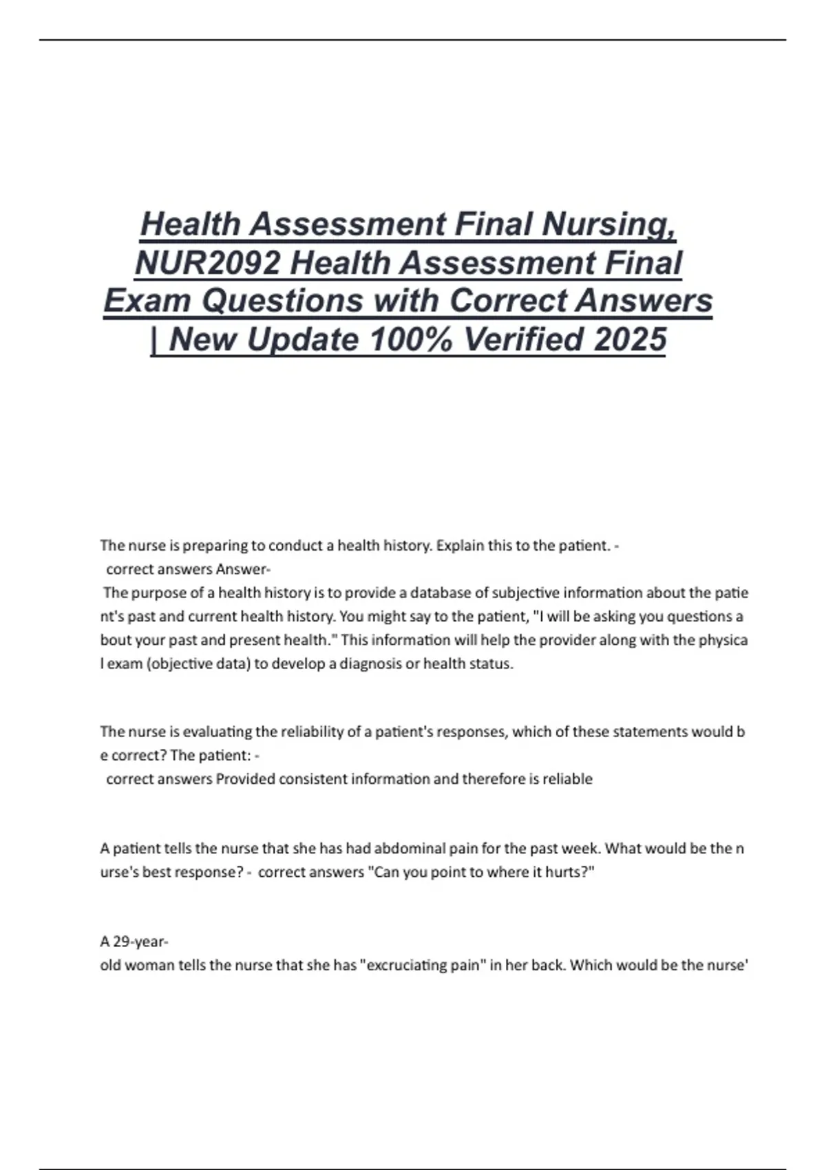 Health Assessment Final Nursing, NUR2092 Health Assessment Final Exam ...