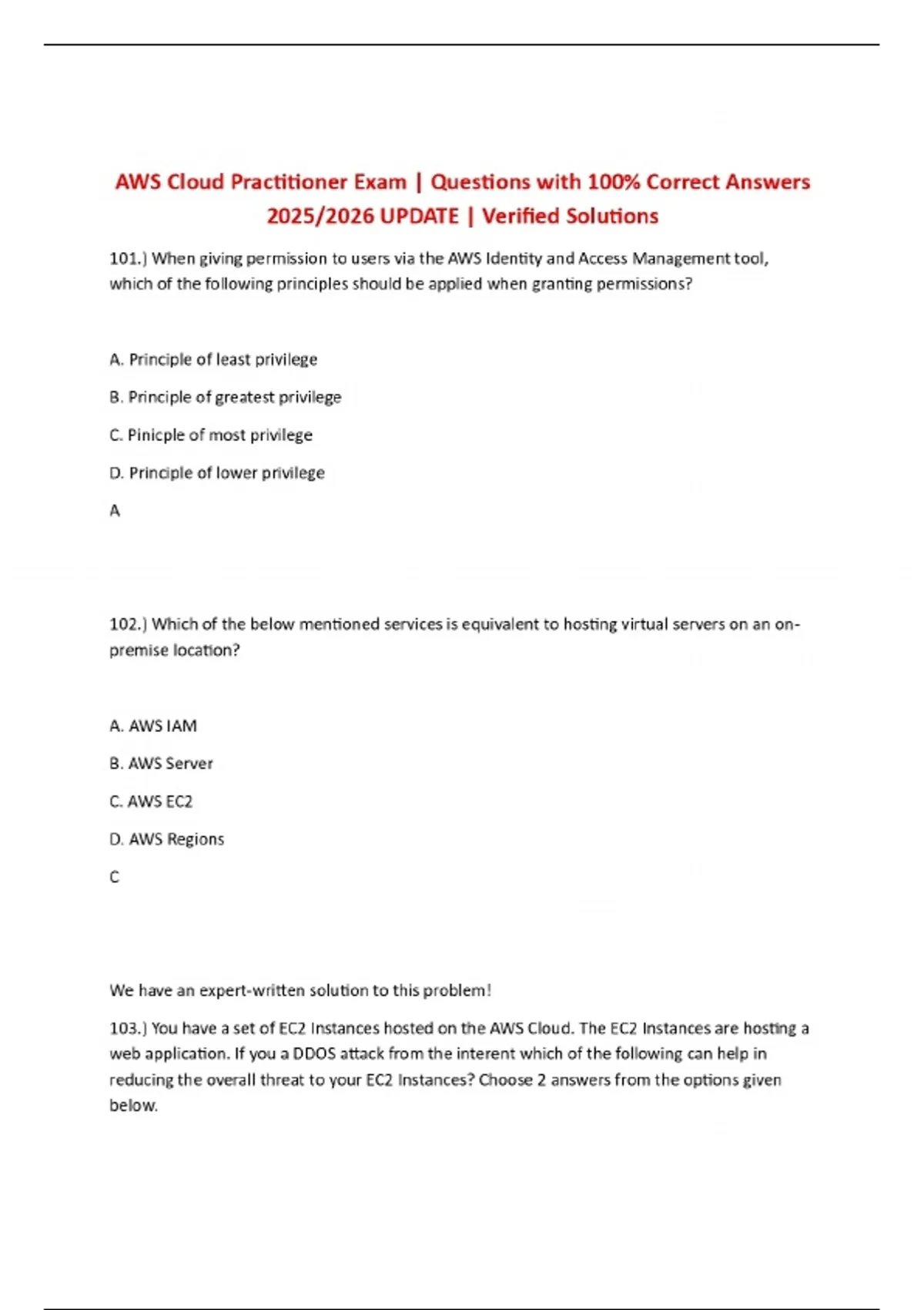 BUNDLE FOR AWS Cloud Practitioner EXAM | Questions with CORRECT Answers ...