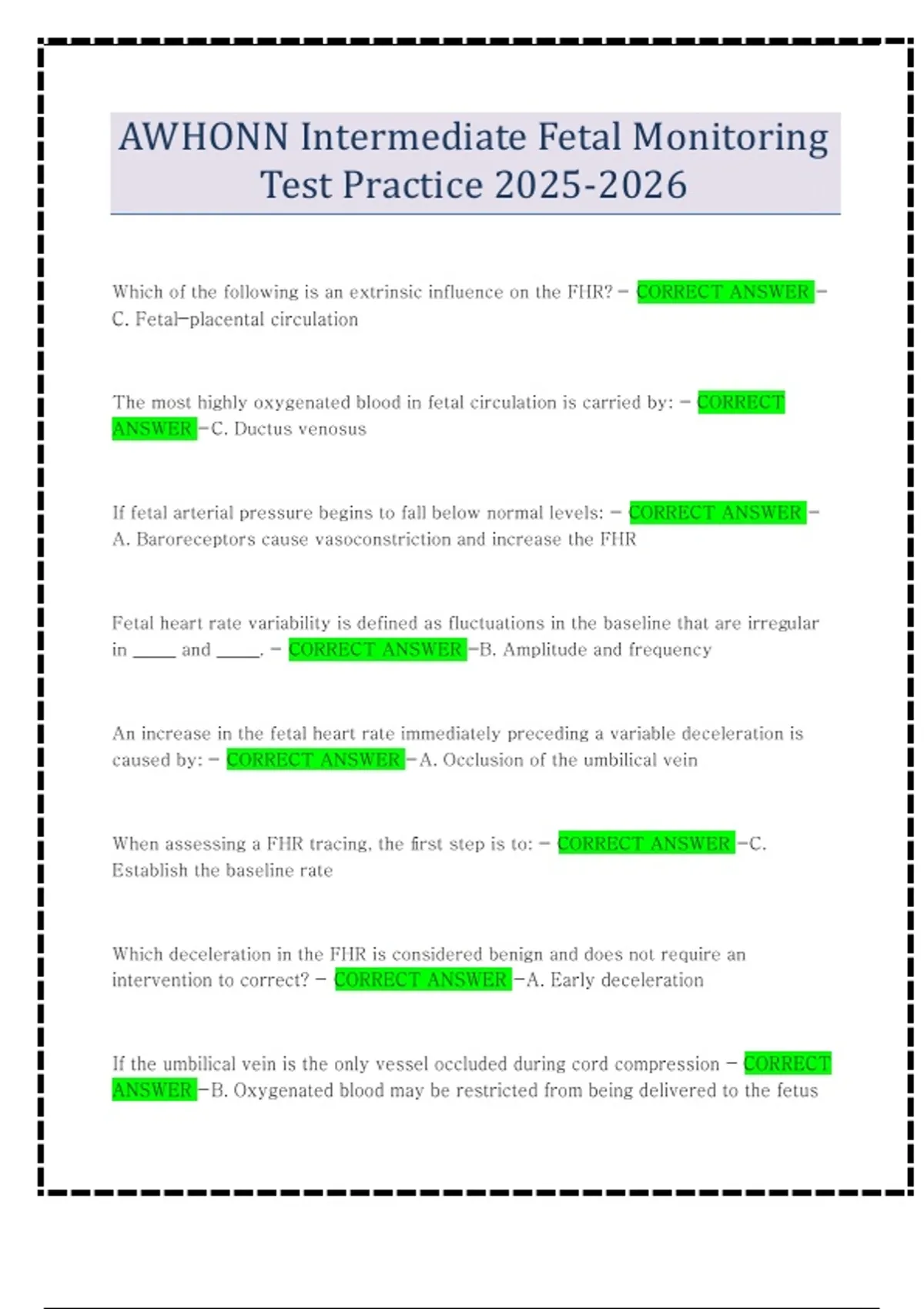 Aw Choon AWHONN Intermediate Fetal Monitoring Test Practice - AWHONN - Stuvia US