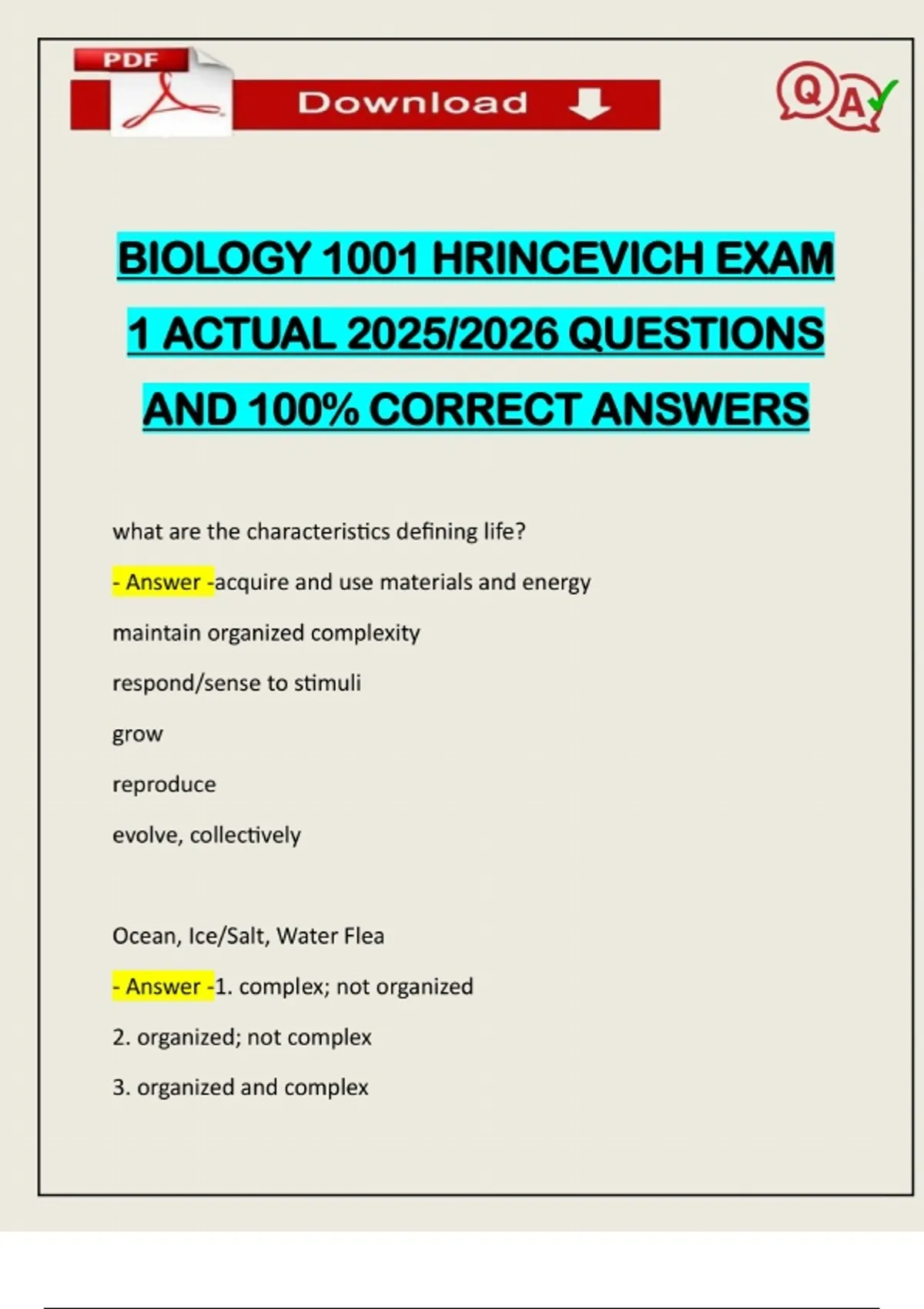 BIOLOGY 1001 HRINCEVICH EXAM 1 ACTUAL 2025/2026 QUESTIONS AND 100% ...