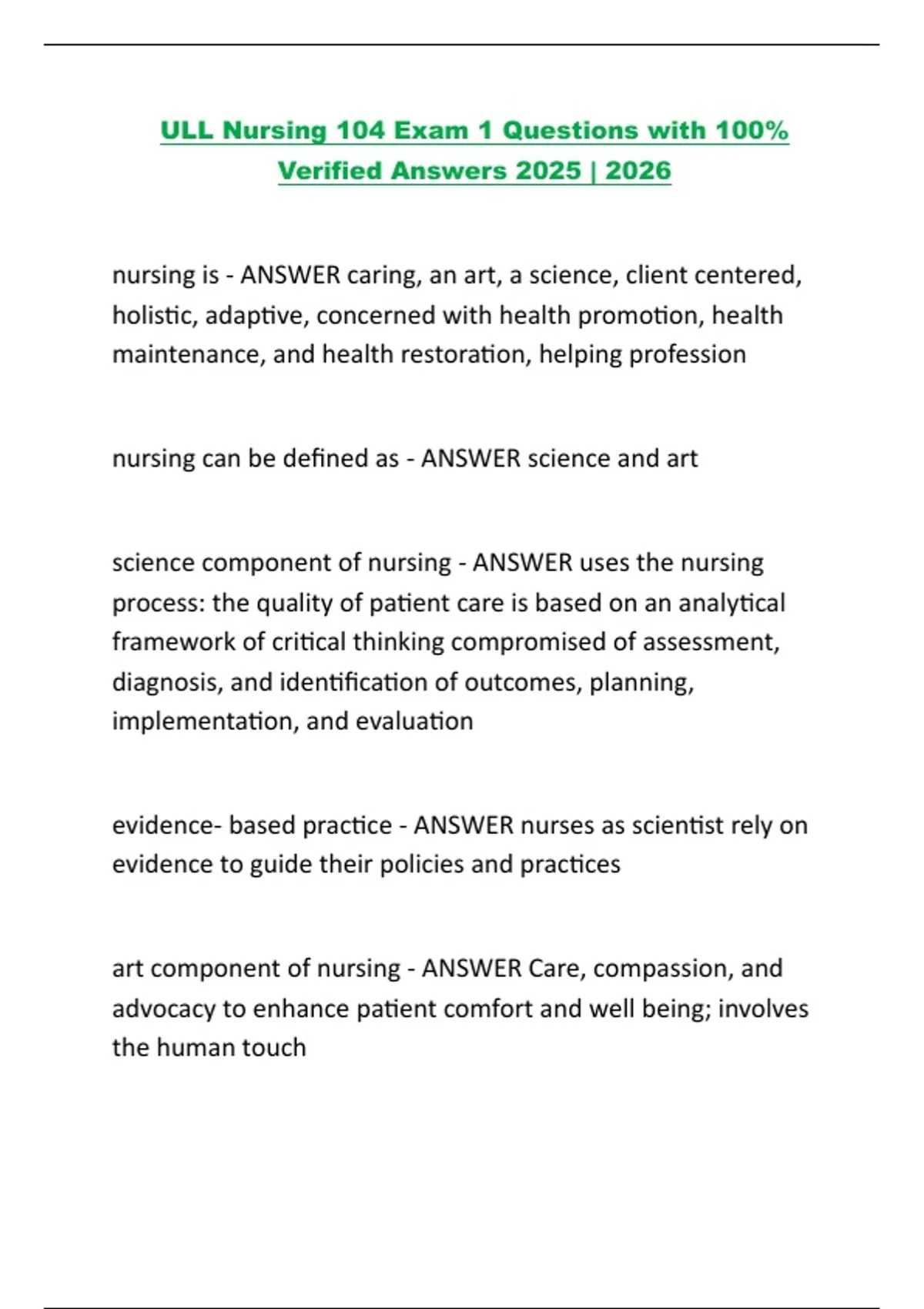 ULL Nursing 104 Exam 1 Questions with 100% Verified Answers 2025 | 2026 ...