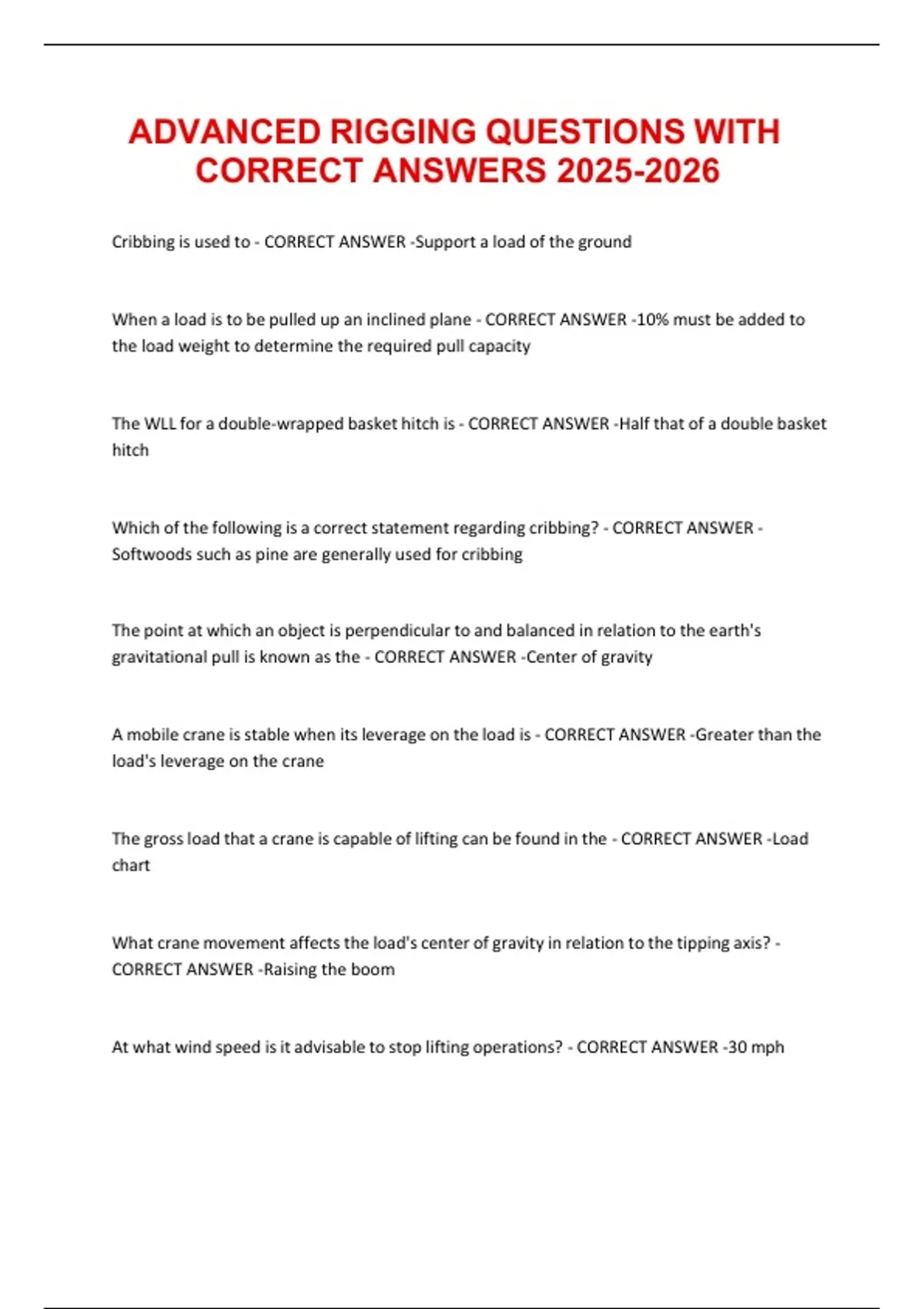 ADVANCED RIGGING QUESTIONS WITH CORRECT ANSWERS - ADVANCED RIGGING ...