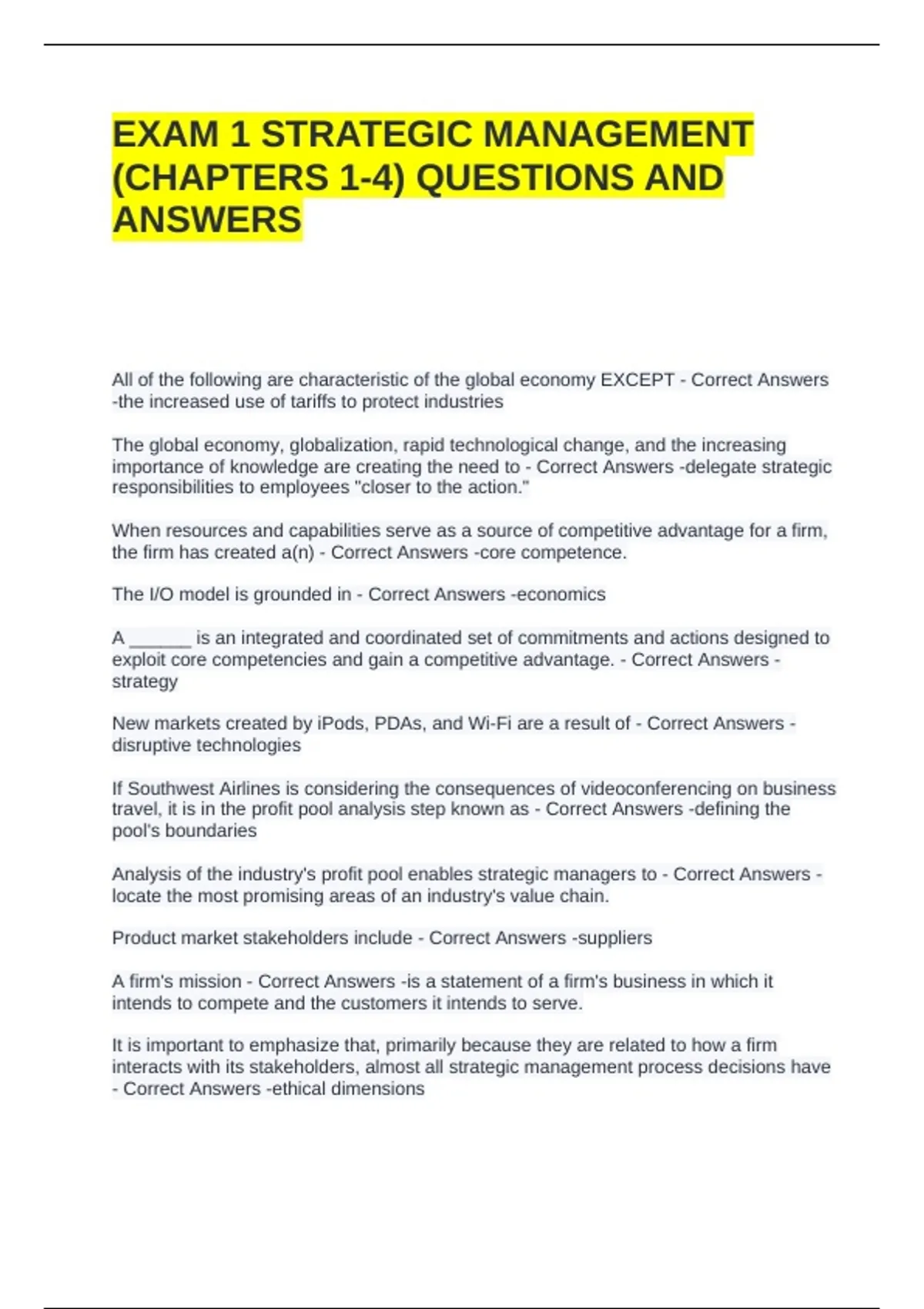 EXAM 1 STRATEGIC MANAGEMENT (CHAPTERS 1-4) QUESTIONS AND ANSWERS ...