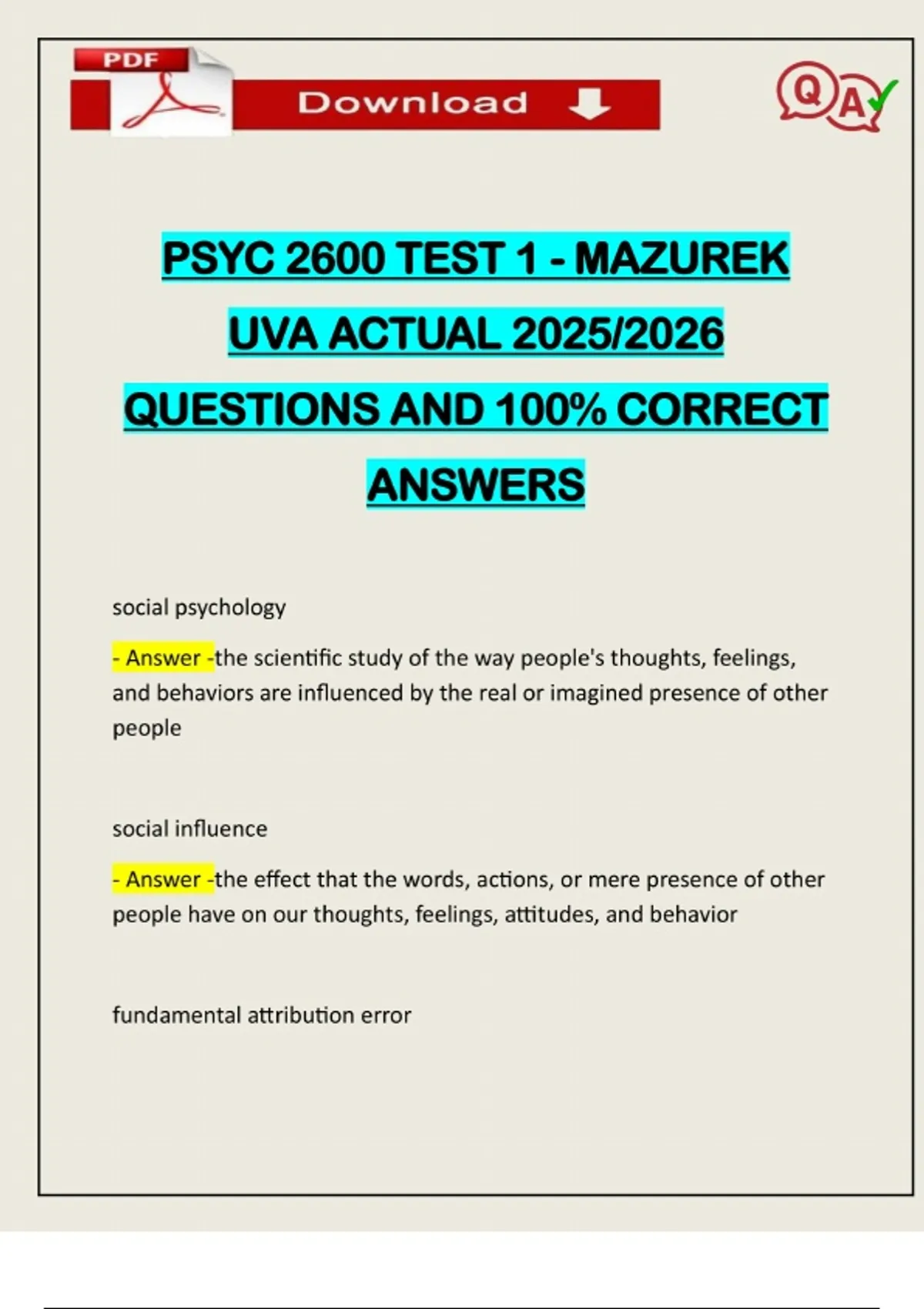 PSYC 2600 TEST 1 - MAZUREK UVA ACTUAL 2025/2026 QUESTIONS AND 100% ...