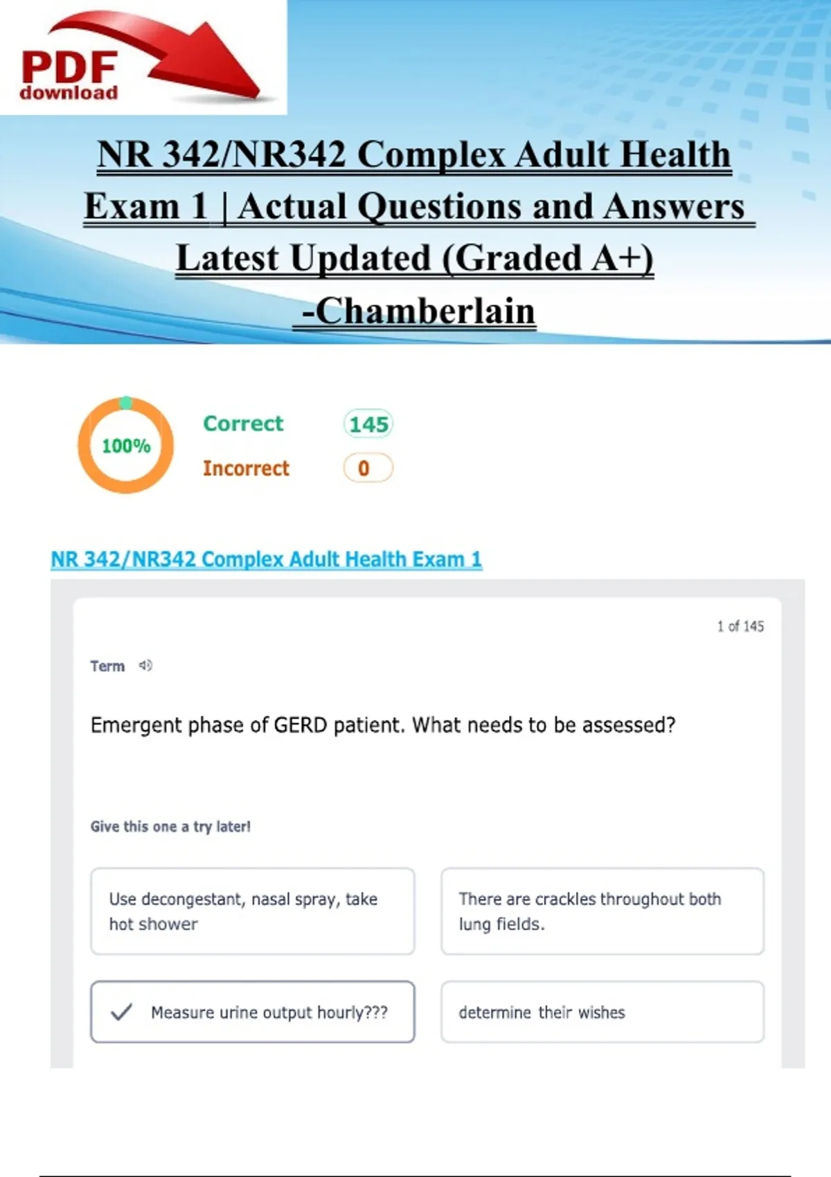 NR 342/NR342 Complex Adult Health Exam 1 | Actual Questions and Answers ...