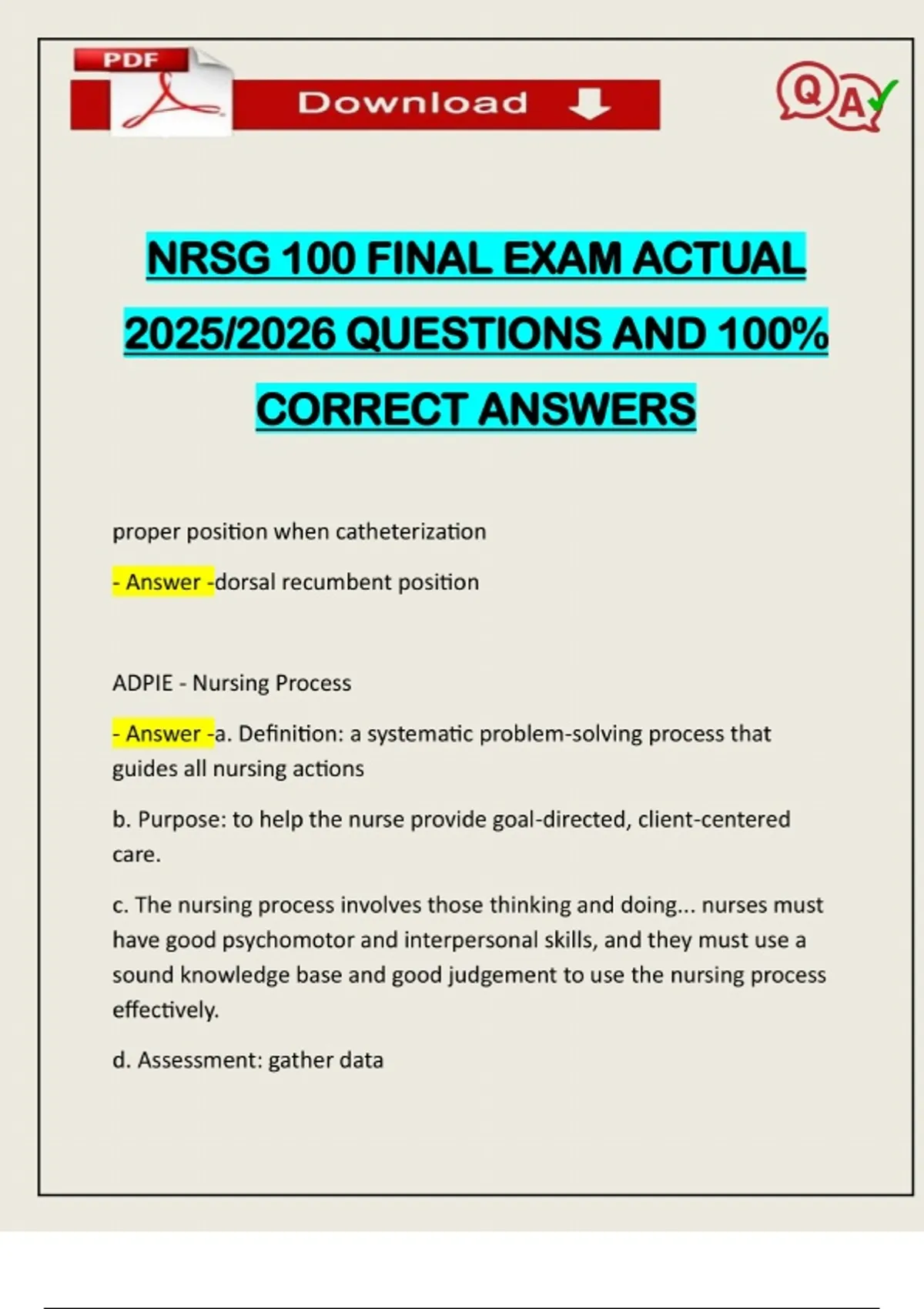 NRSG 100 FINAL EXAM ACTUAL 2025/2026 QUESTIONS AND 100% CORRECT ANSWERS ...