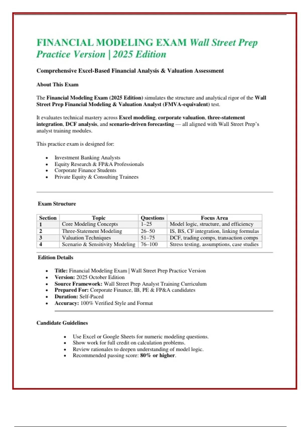 FINANCIAL MODELING EXAM Wall Street Prep Practice Version | 2025 ...