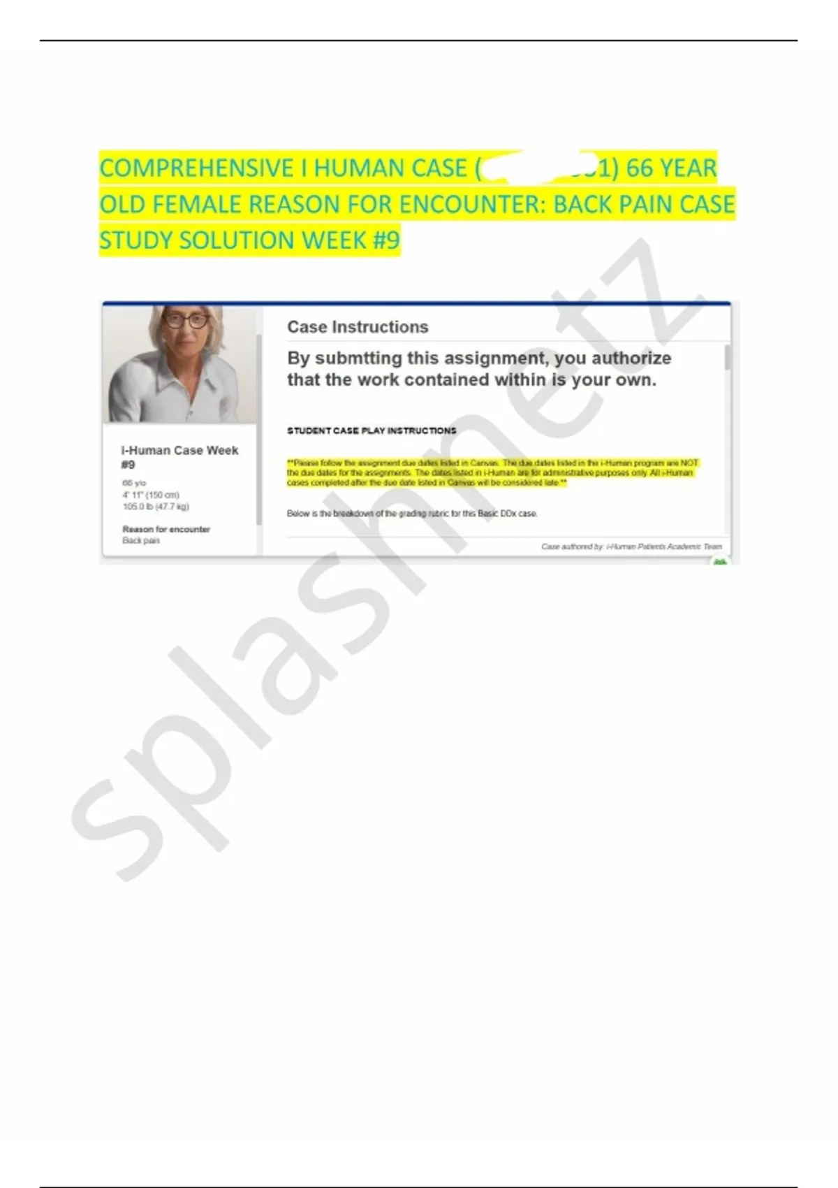 Comprehensive I Human Case Week #9 A 66 Year Old Female Presents Back ...
