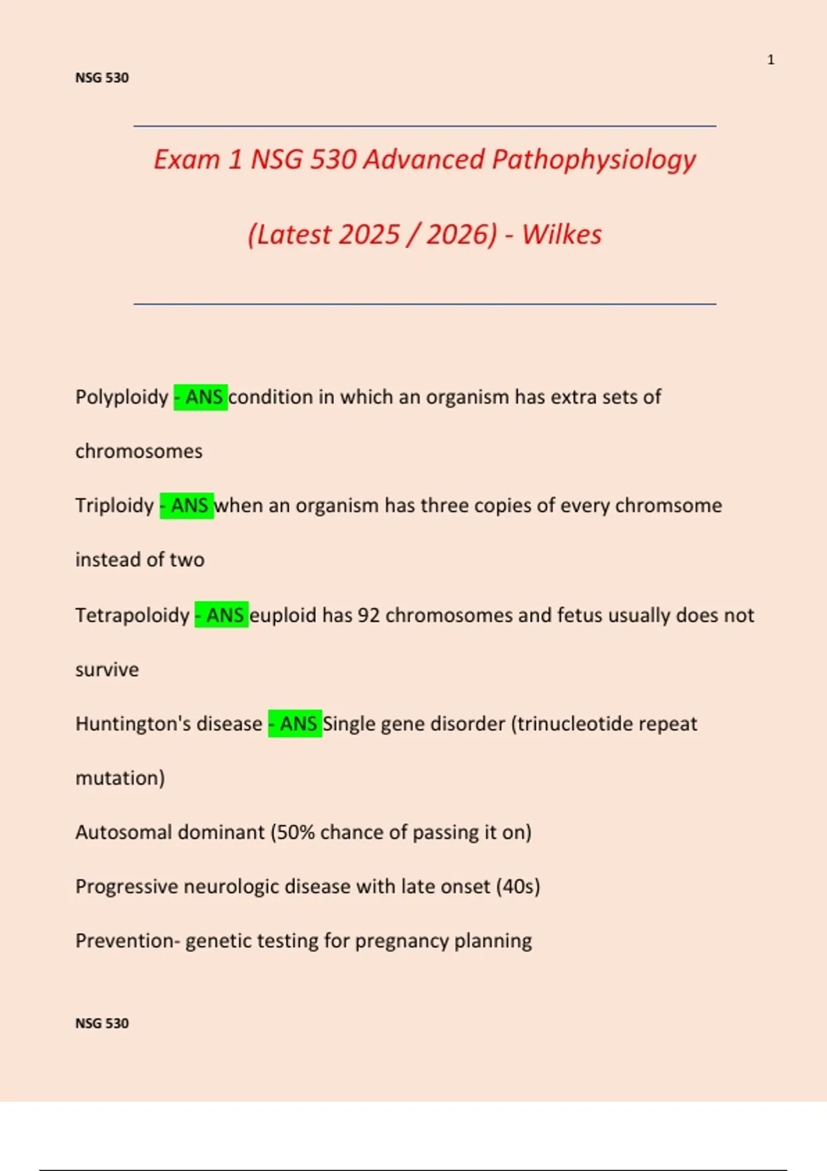Exam 1 NSG 530 Advanced Pathophysiology (Latest 2025 / 2026) - Wilkes ...