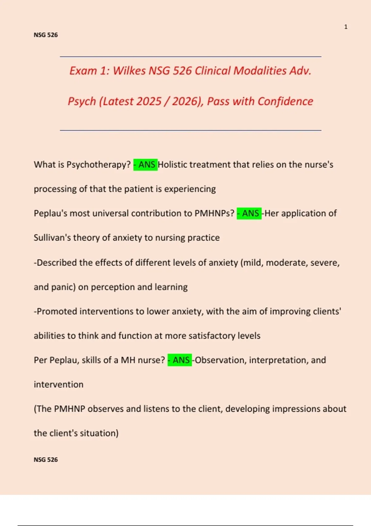 Exam 1: Wilkes NSG 526 Clinical Modalities Adv. Psych (Latest 2025 / ...