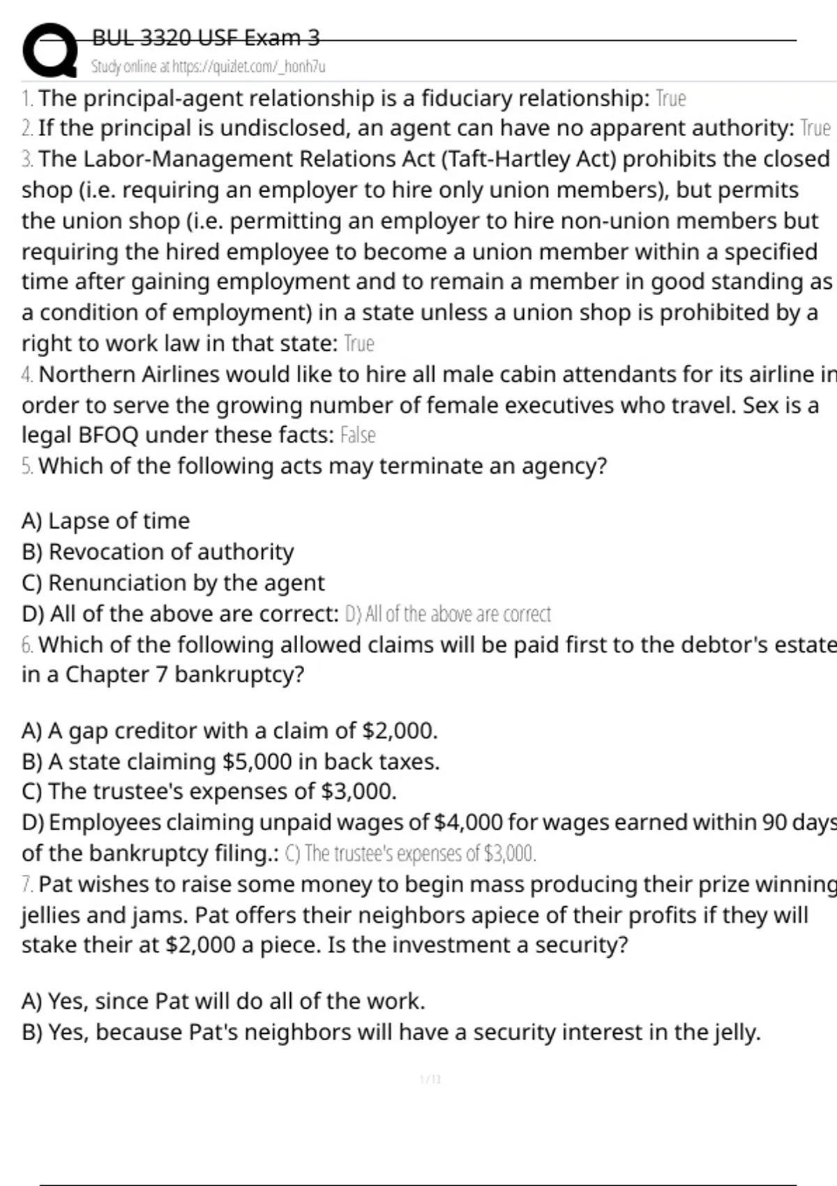 BUL 3320 USF Exam 3 Exam Questions and Answers 100% Pass |Already ...
