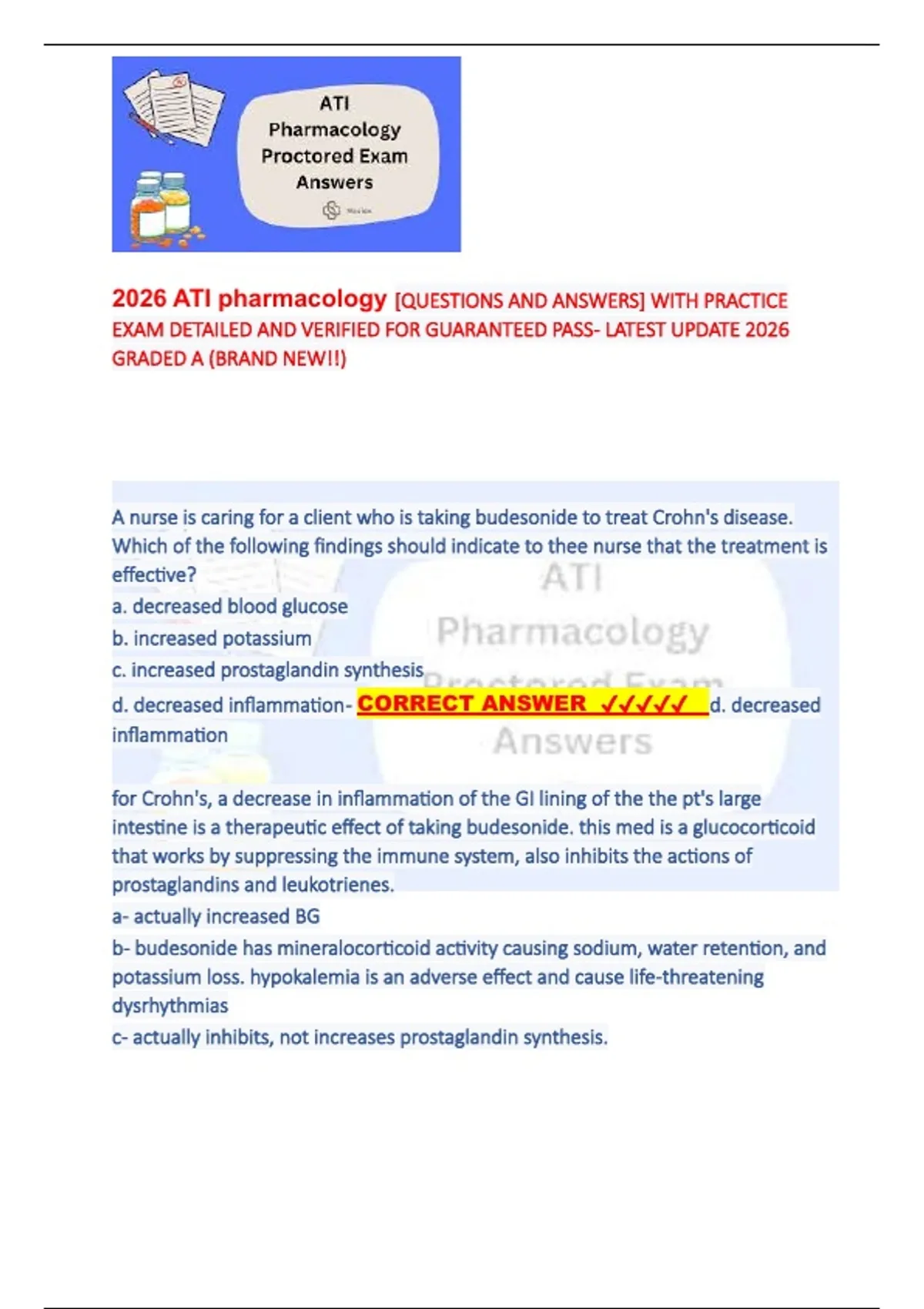 2026 ATI pharmacology [QUESTIONS AND ANSWERS] WITH PRACTICE EXAM DETAILED AND VERIFIED FOR ...