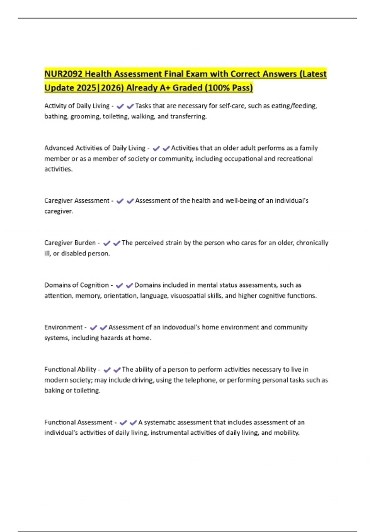 NUR2092 Health Assessment Final Exam with Correct Answers (Latest ...