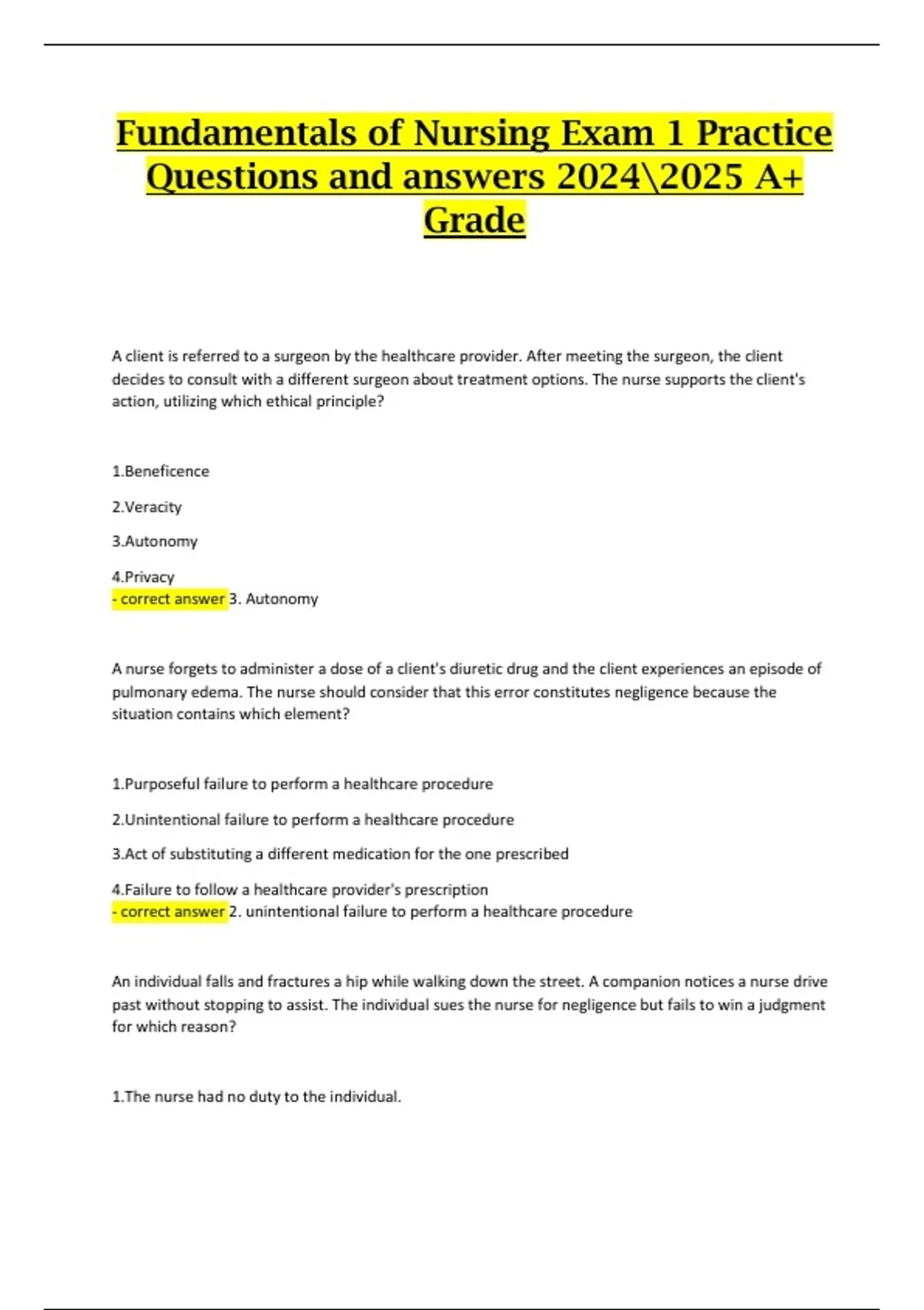 Fundamentals of Nursing Exam 1 – Practice Questions with Verified ...