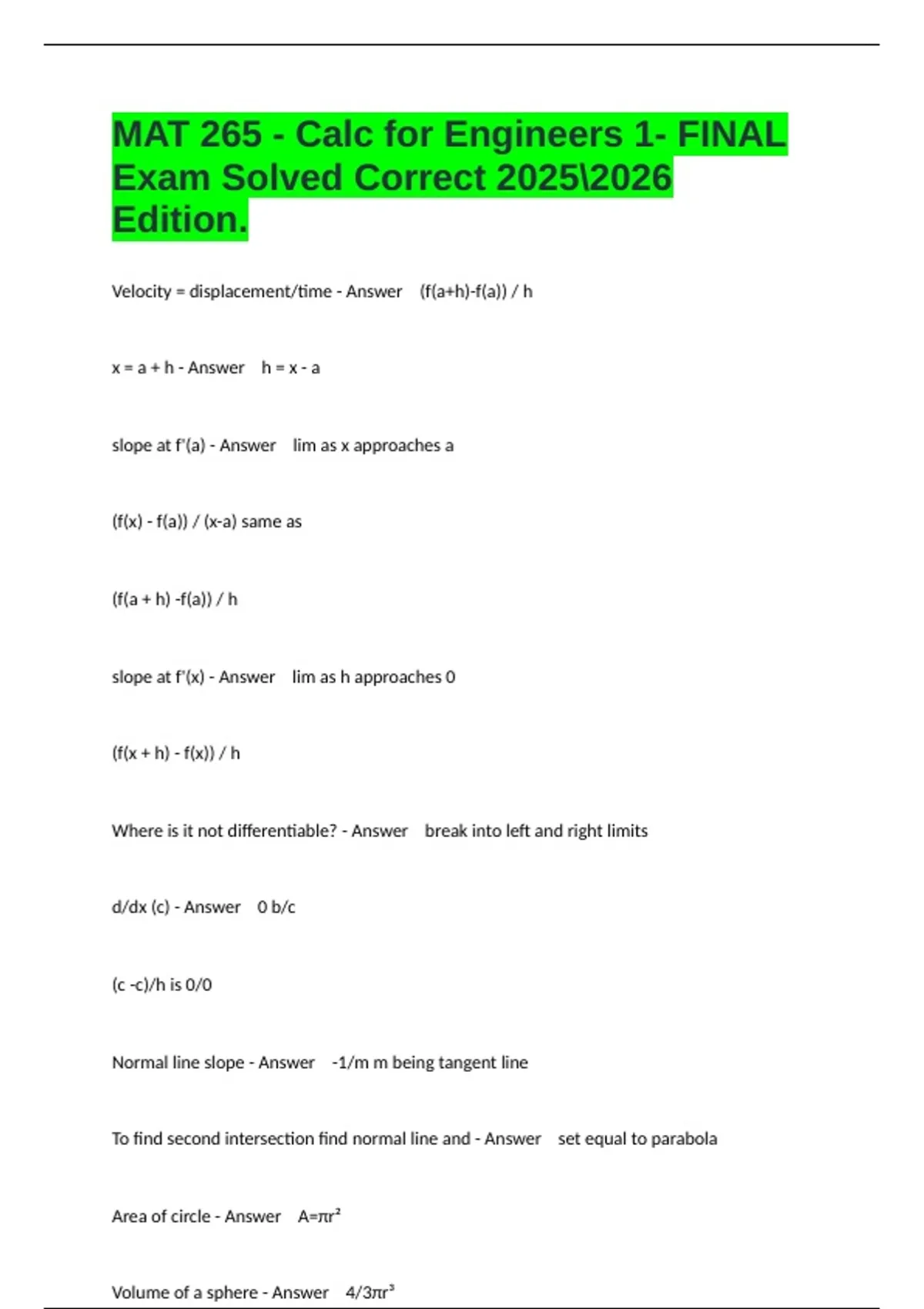 MAT 265 - Calc for Engineers 1- FINAL Exam Solved Correct Edition ...