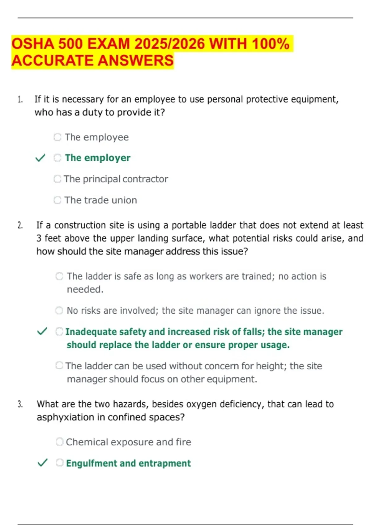 OSHA 500 EXAM 2025/2026 WITH 100% ACCURATE ANSWERS - OSHA 500 - Stuvia US